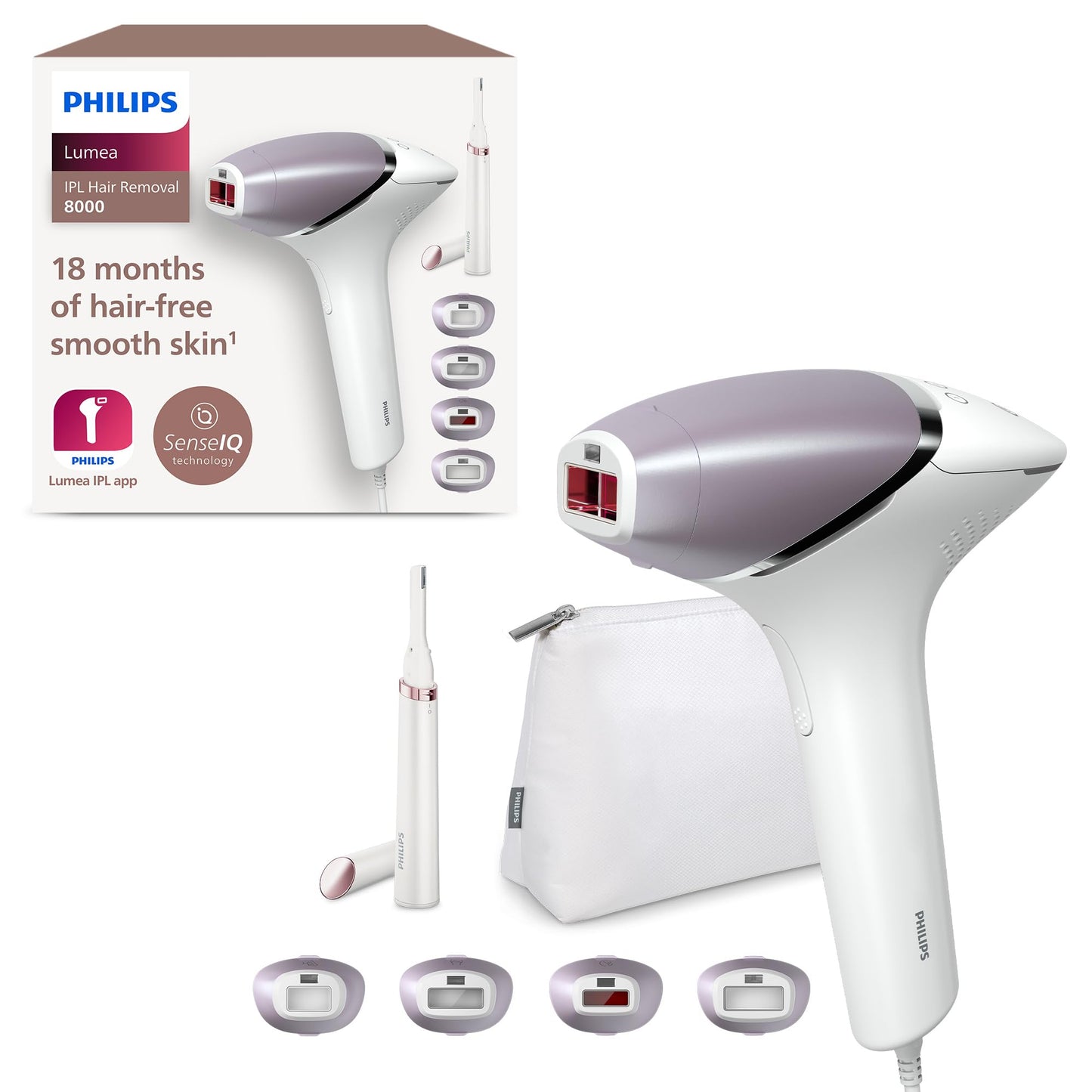 Philips Lumea IPL 8000 sērija - SenseIQ tehnoloģija, 4 uzgaļi, Satin Compact trimmeris, efektīva matu noņemšana.