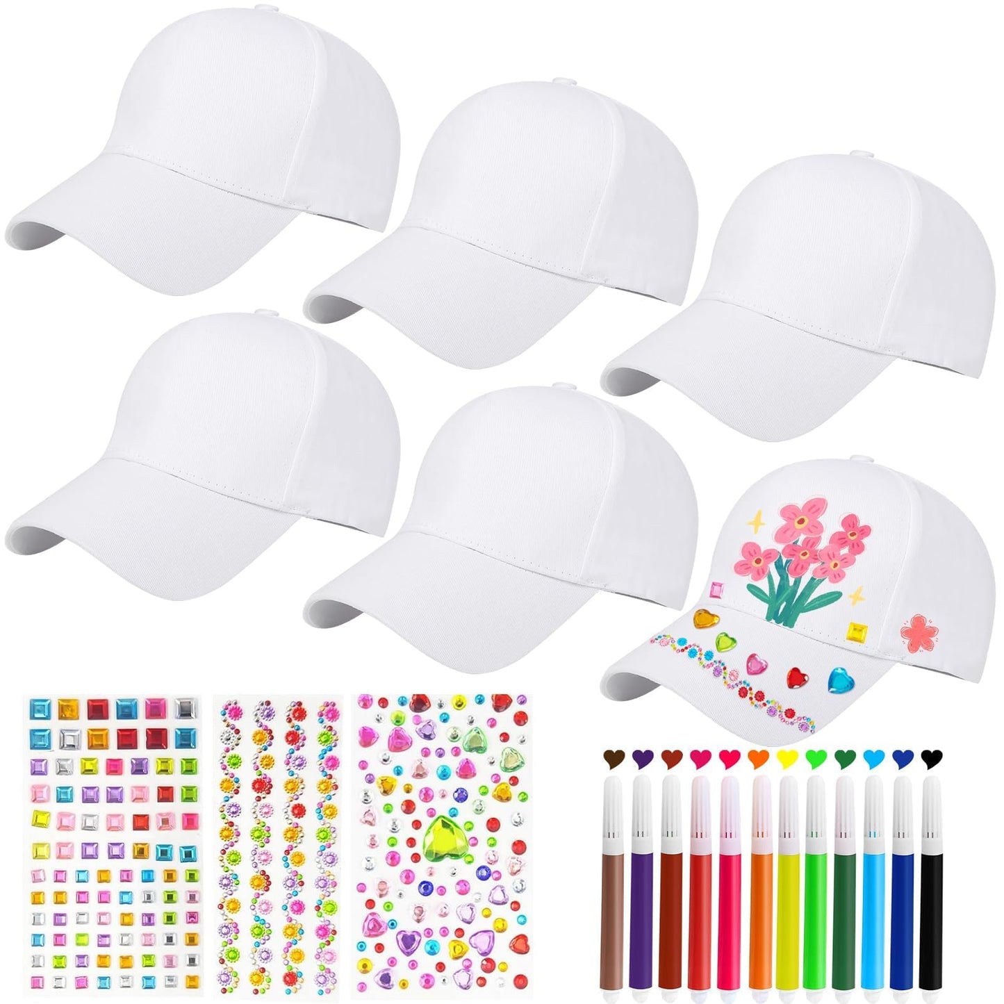 Hpbaggy 6x DIY bērnu beisbola cepure, balta graffiti cepure ar mirdzošiem akmeņiem