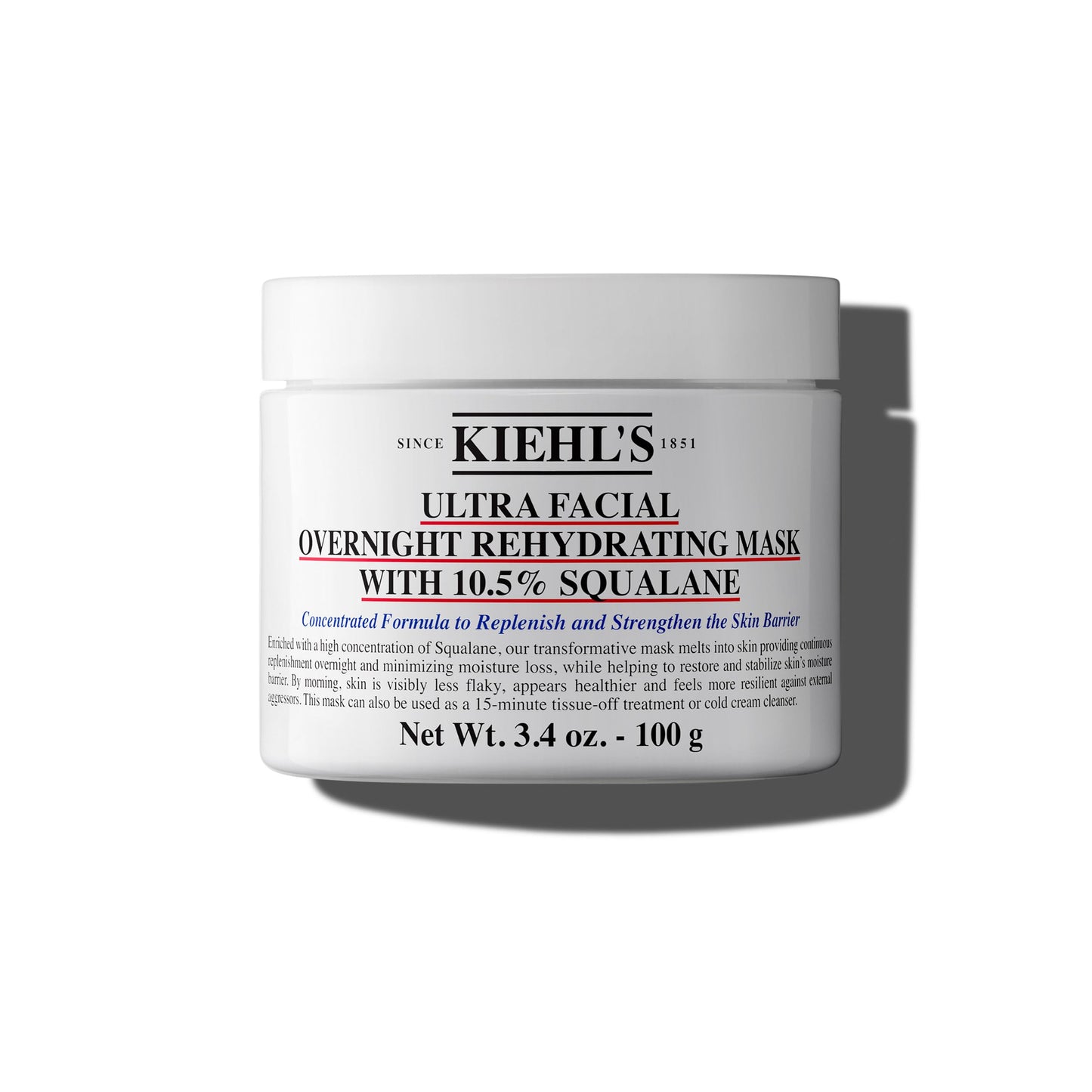 KIEHL'S Ultra Facial Overnight Rehydrating Face Mask, 100 g, nakts maska 24 h mitrināšanai ar 10,5% skvalāna, nomierinoša sejas maska bez parabēniem un silikoniem