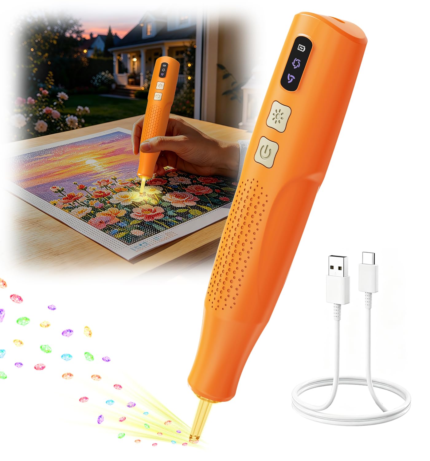 Elektriskais Diamond Painting pildspalva ar gaismu, bezvadu un uzlādējama, 5 stundu darbības laiks, 2 sūkšanas režīmi, ergonomisks rokturis