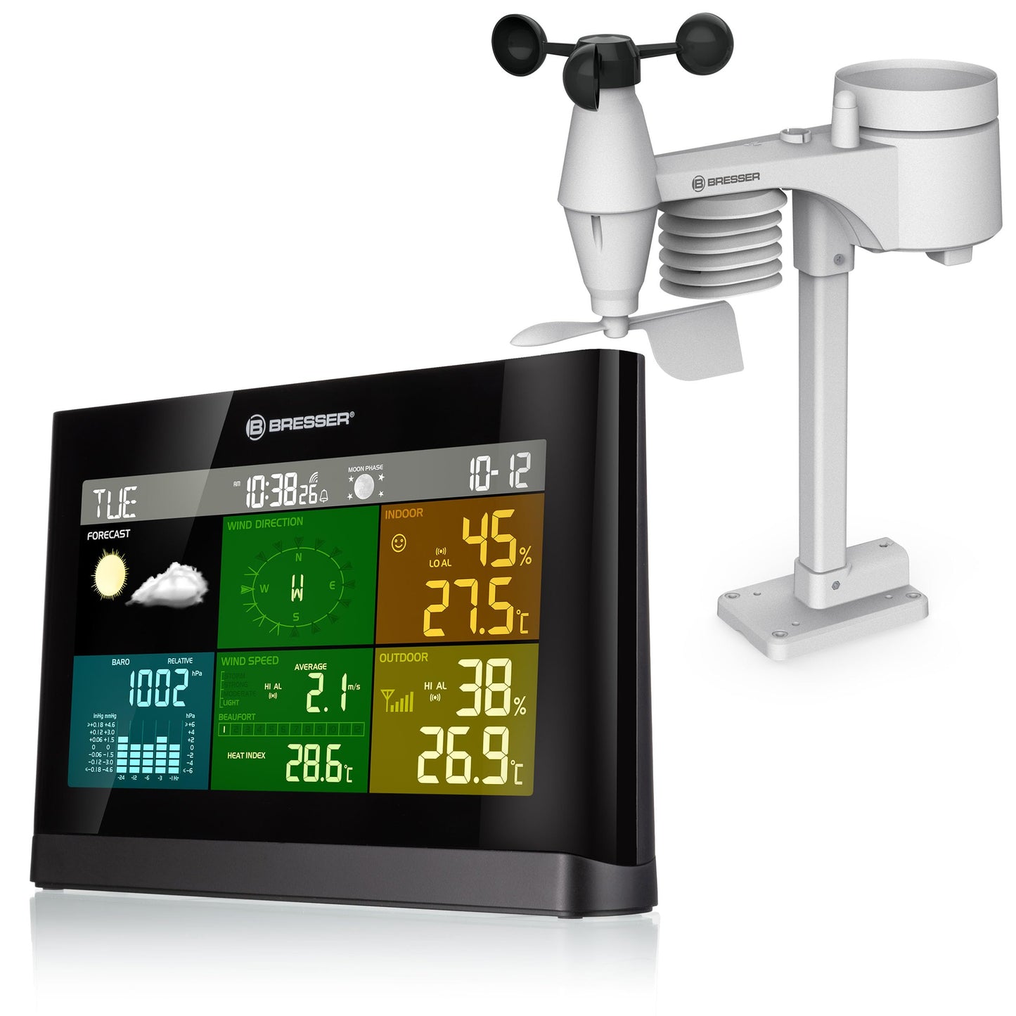 Bresser laikapstākļu stacija ar bezvadu ārējo sensoru, 5-in-1 ārējais sensors (temperatūra, gaisa spiediens, mitrums, vēja mērītājs, lietus mērītājs), 20.2x13.8x3.8 cm