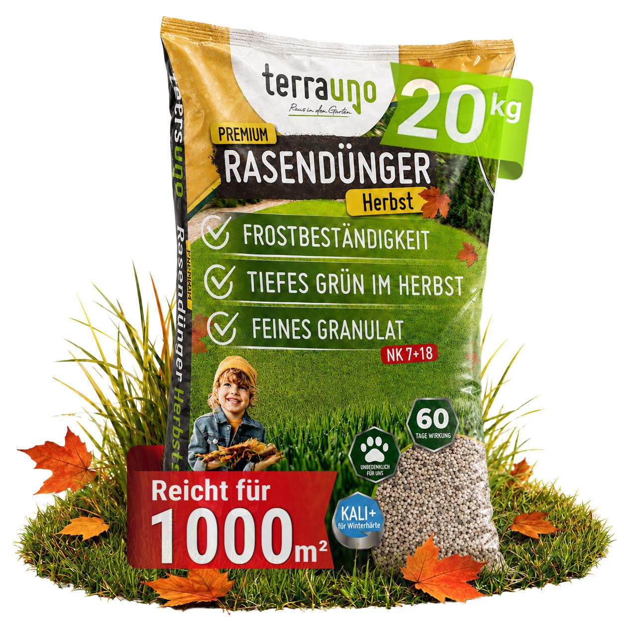 TerraUno premium rudens mēslojums zālienam, veselīgs zāliens izspiež sūnas un nezāles, rudens zāliena mēslojums ar 60 dienu ilgstošu iedarbību, 20 kg uz 1000 m², tūlītēja iedarbība, īpaši stipri zaļš