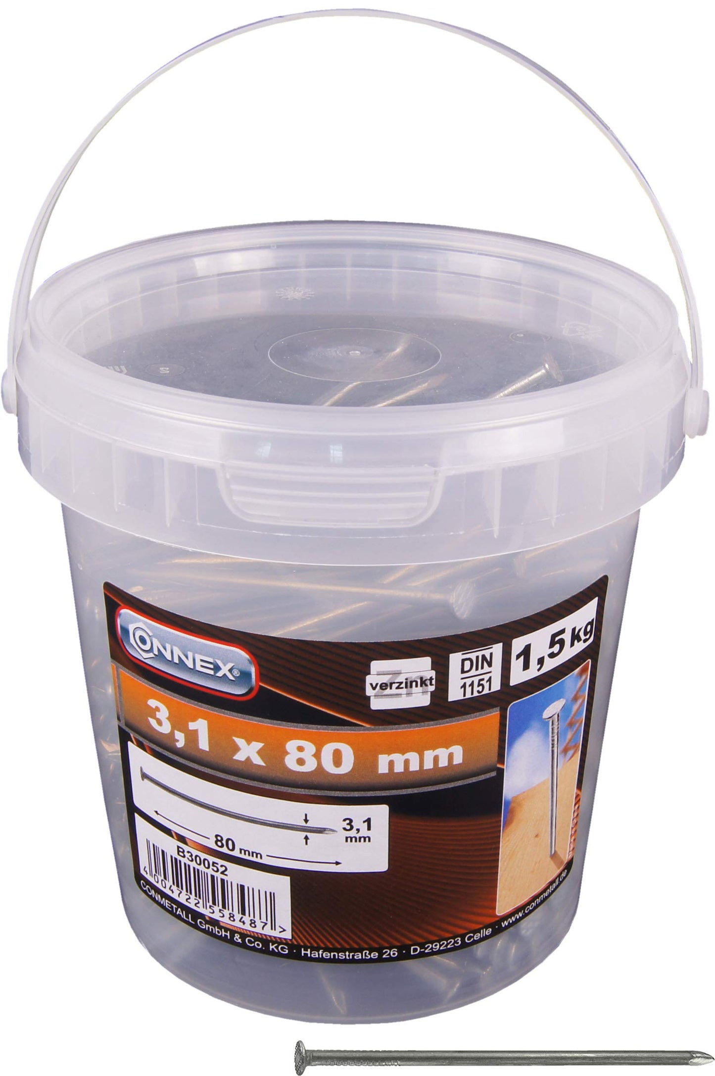 Connex vada naglas 3,1 x 80 mm, 1500 g, iegremdēta galva, cinkotas, spainī, universālai lietošanai, B30052