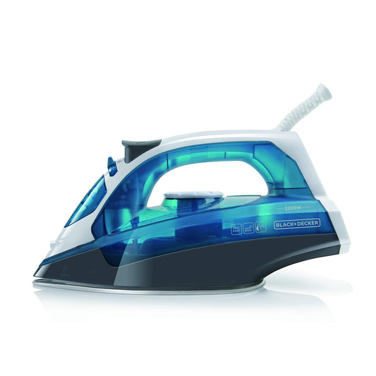 Black+Decker BXIR2200E steam iron - 2200W, plastic body, 370ml water tank, efficient steam output for wrinkle removal.