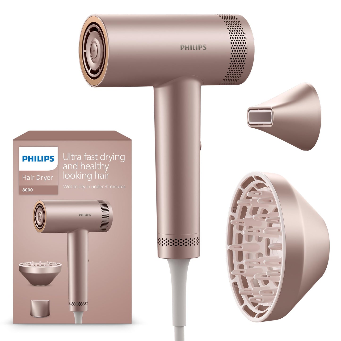 Philips augstas ātruma matu fēns sērija 8000, ThermoShield Advanced, jonu, stila uzgalis un difuzors, galvas ādas kopšana, 1400 W, rozā šampanietis, modelis BHD837/10