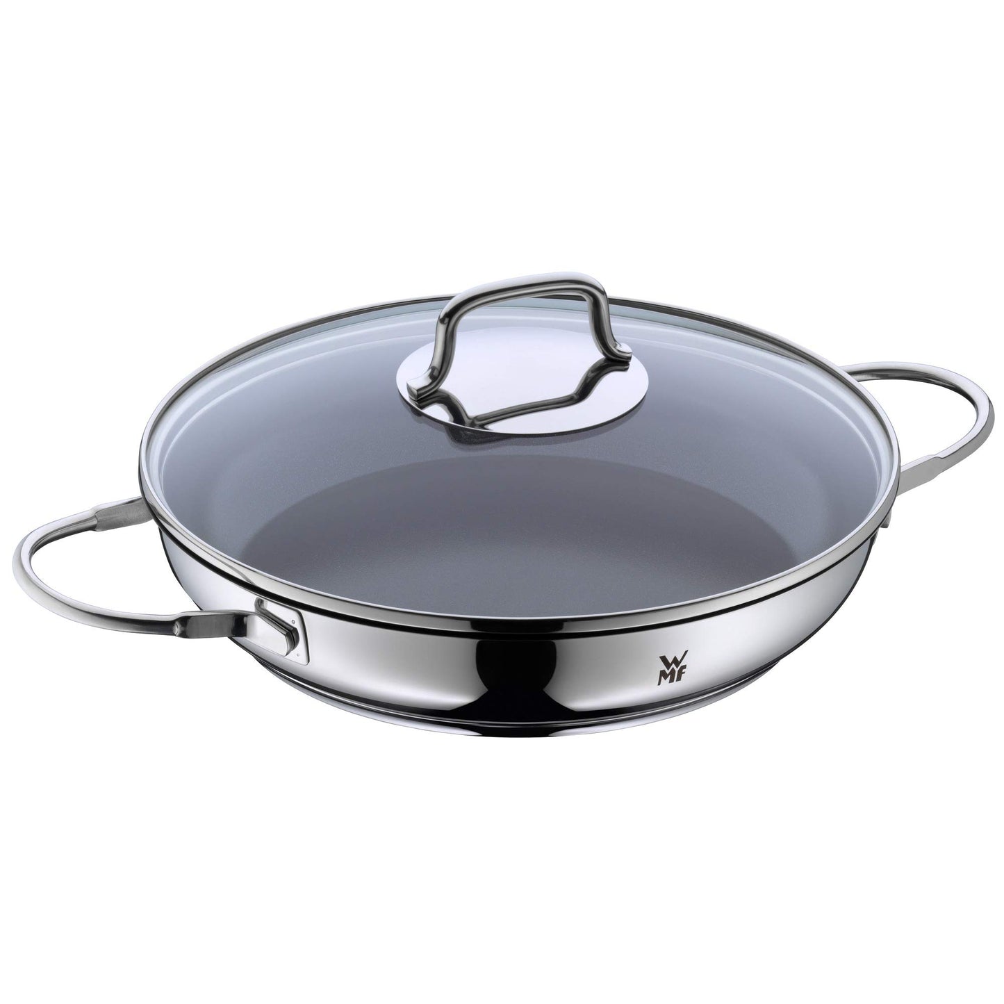 WMF Devil 26 cm servēšanas panna - indukcijai, stikla vāks, Cromargan nerūsējošais tērauds, keramikas pārklājums, cepeškrāsnij.