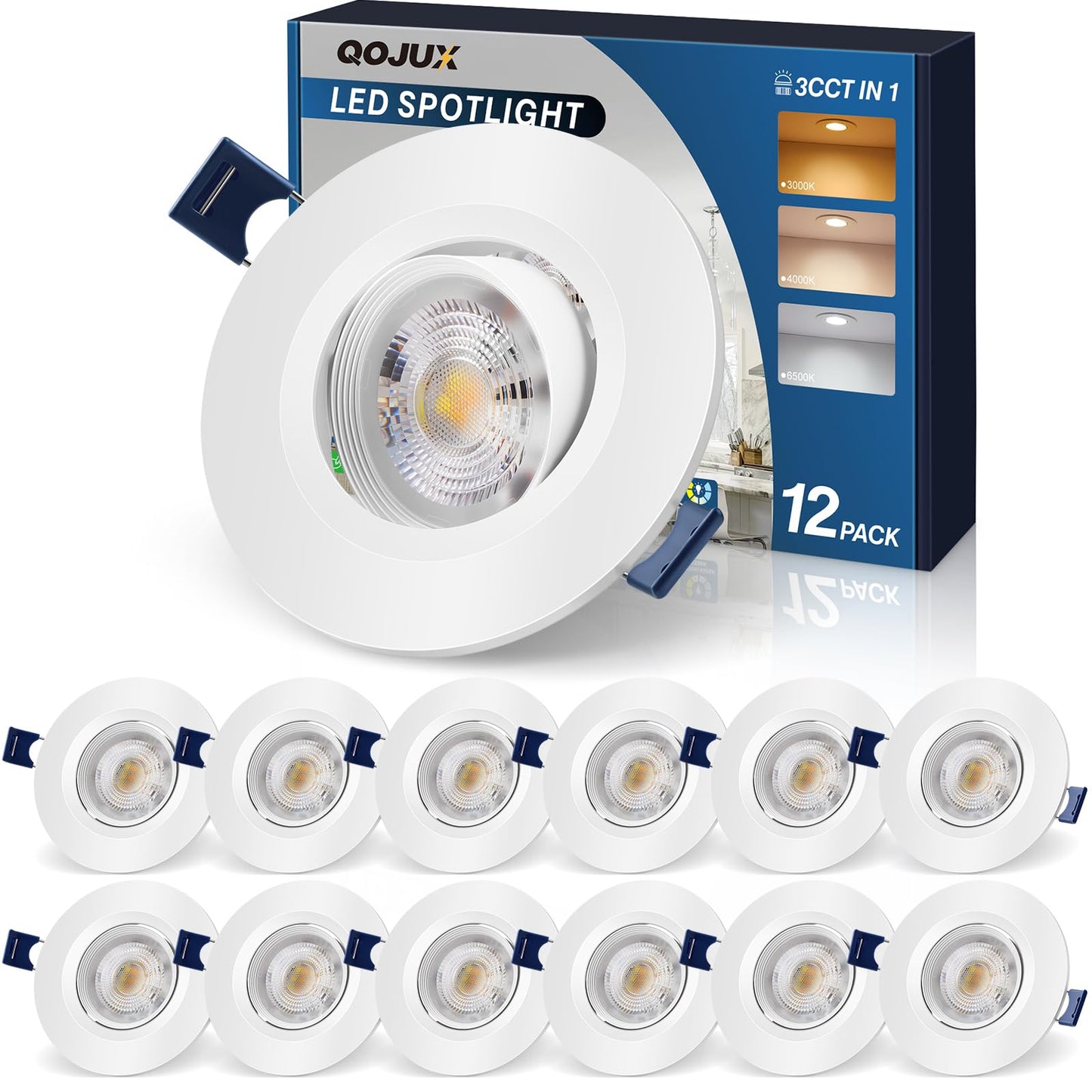 LED iebūvējamie prožektori QOJUX 230V, 12 gab. komplekts, plāni LED spoti 5W, grozāmi