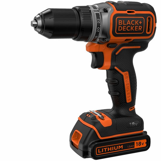 Black+Decker 18V Cordless Drill - 2-speed, 1.5Ah battery, includes charger, double bits, and carrying case.