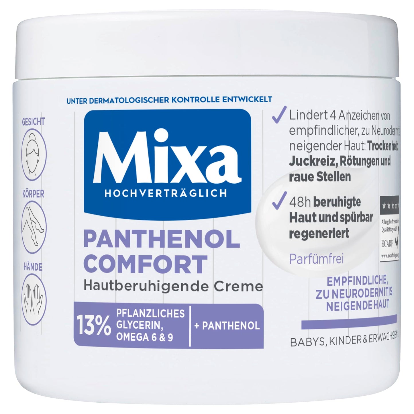 Mixa Panthenol Comfort ādu nomierinošs krēms, jutīgai un atopiskam dermatītam pakļautai ādai, 13% Panthenol, Glycerin, Omega 6&9, sejai, ķermenim, rokām, zīdaiņiem, bērniem un pieaugušajiem, 400 ml