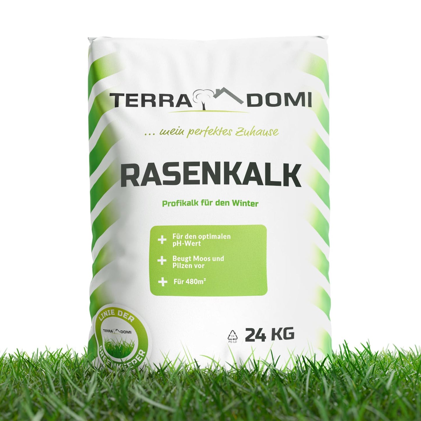 Rasena kaļķis un dārza kaļķis TerraDomi 24kg, pret sūnām un sēnītēm, augsnes pH paaugstināšanai, veselīgam zālienam, mēslojuma iedarbības pastiprināšanai, 480m²