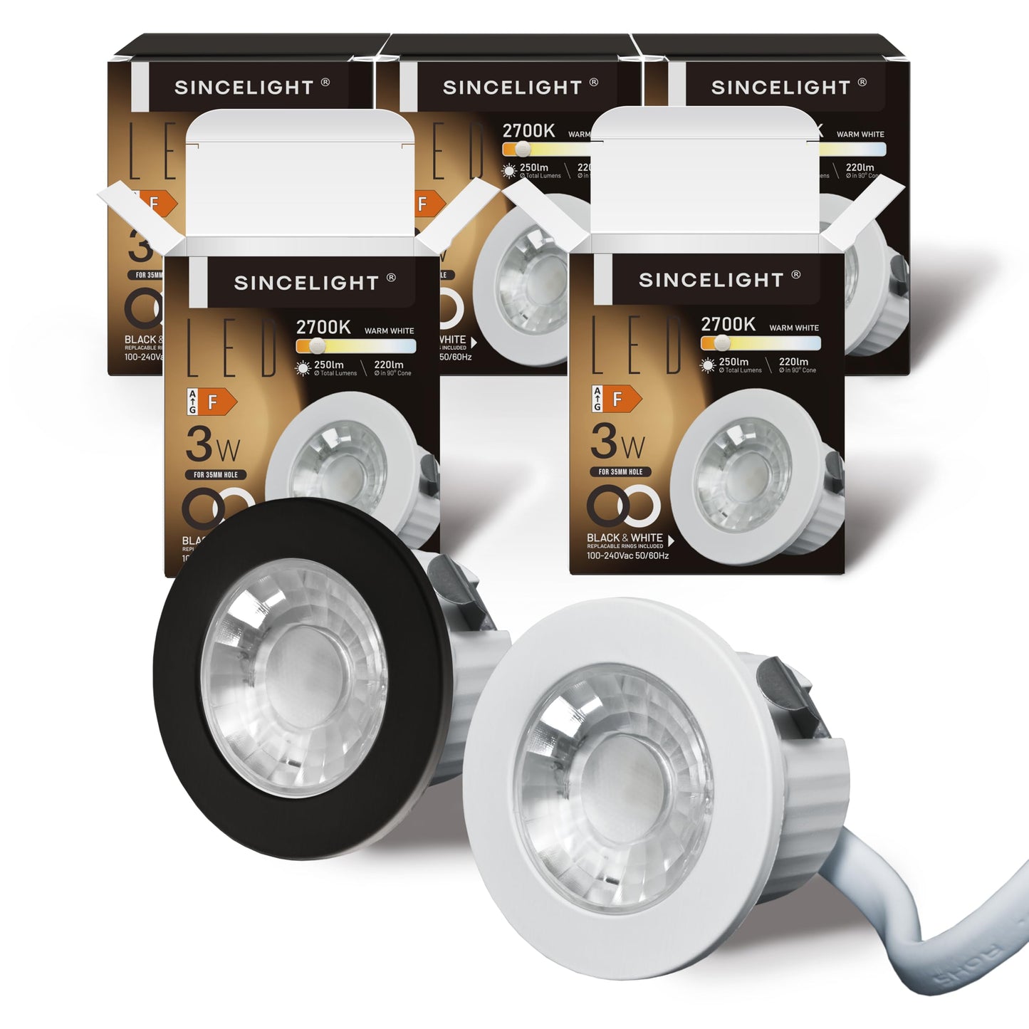 LED mini iebūvējamais prožektors SINCELIGHT, 35-40mm caurumam, skapis, vitrīna, MR11 aizstājējs, balts/melns gredzens, IP65, 2700K, RA≈92, 5 gab.