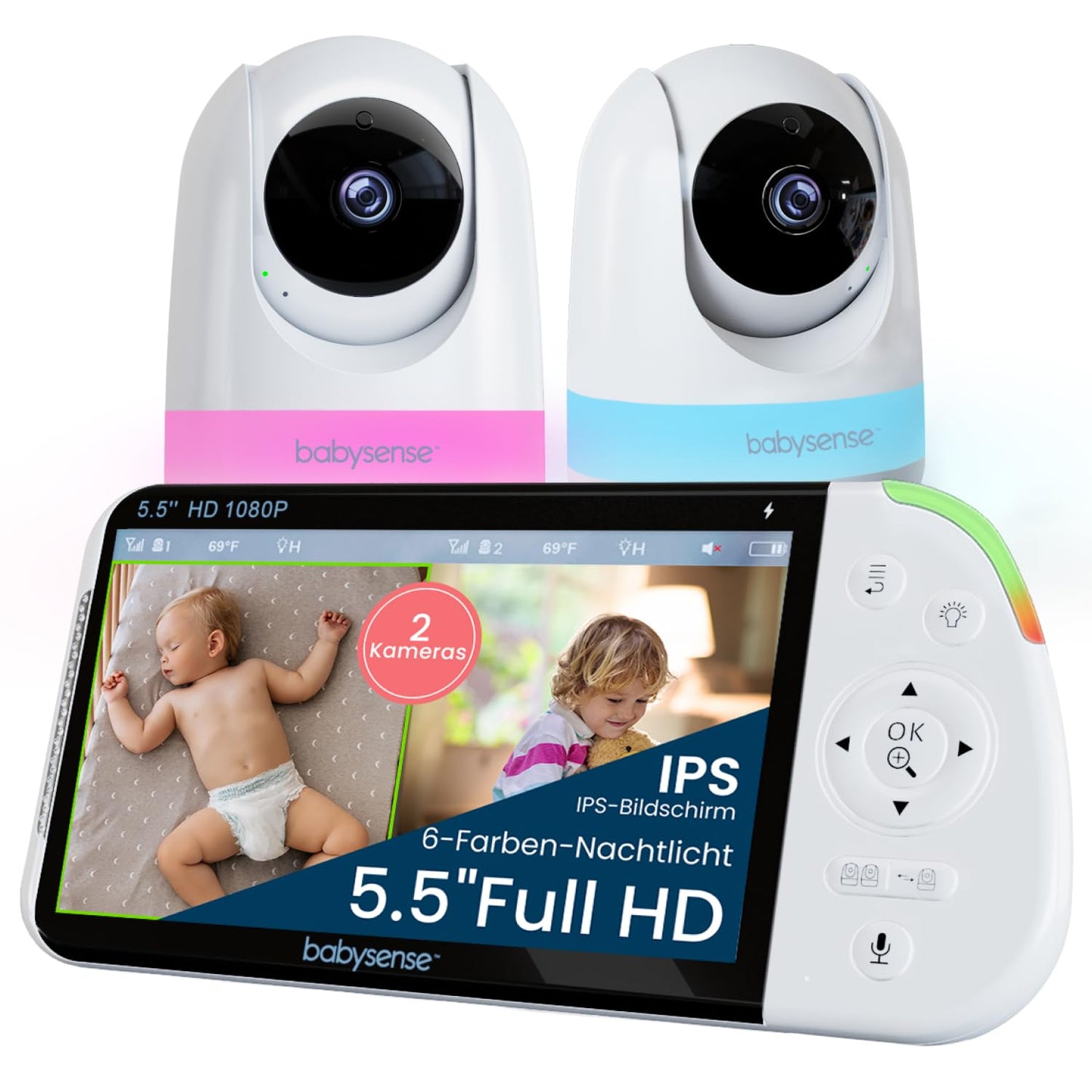 Mazuļu monitors Babysense Full HD ar dalīta ekrāna funkciju un 2 kamerām, 6 krāsu naktslampiņa, skaņas un gaismas aparāts, 20 stundu akumulators, drošs savienojums bez Wi-Fi