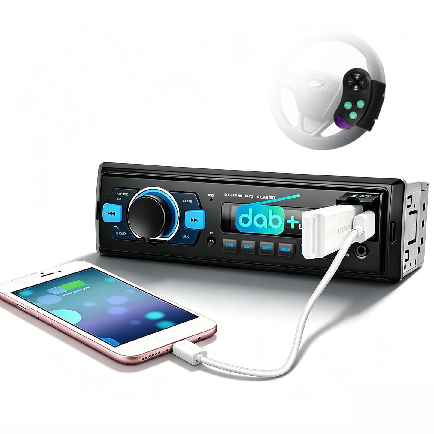 Autoradio Hodozzy DAB+/DAB 1 DIN ar Bluetooth 5.0, 2xUSB/SD/EQ/Aux-in, stūres vadību, brīvroku sistēmu, MP3 atskaņotāju, 25W*4