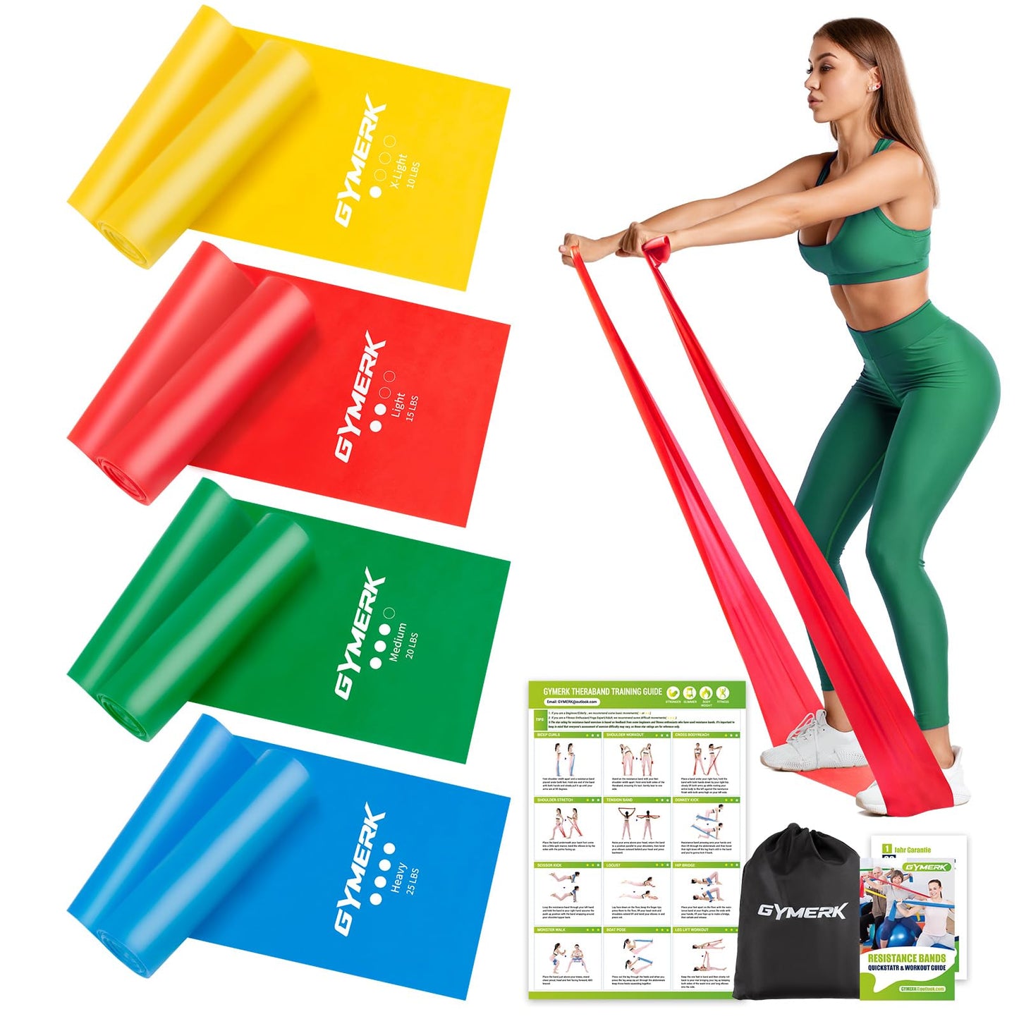 Pretestības gumiju komplekts GYMERK, 4 gab., 1.8M/2M fitnesa gumijas ar 4 pretestības līmeņiem, ar vingrinājumu plakātu, somiņu un instrukciju, jogai, pilatesam un muskuļu audzēšanai