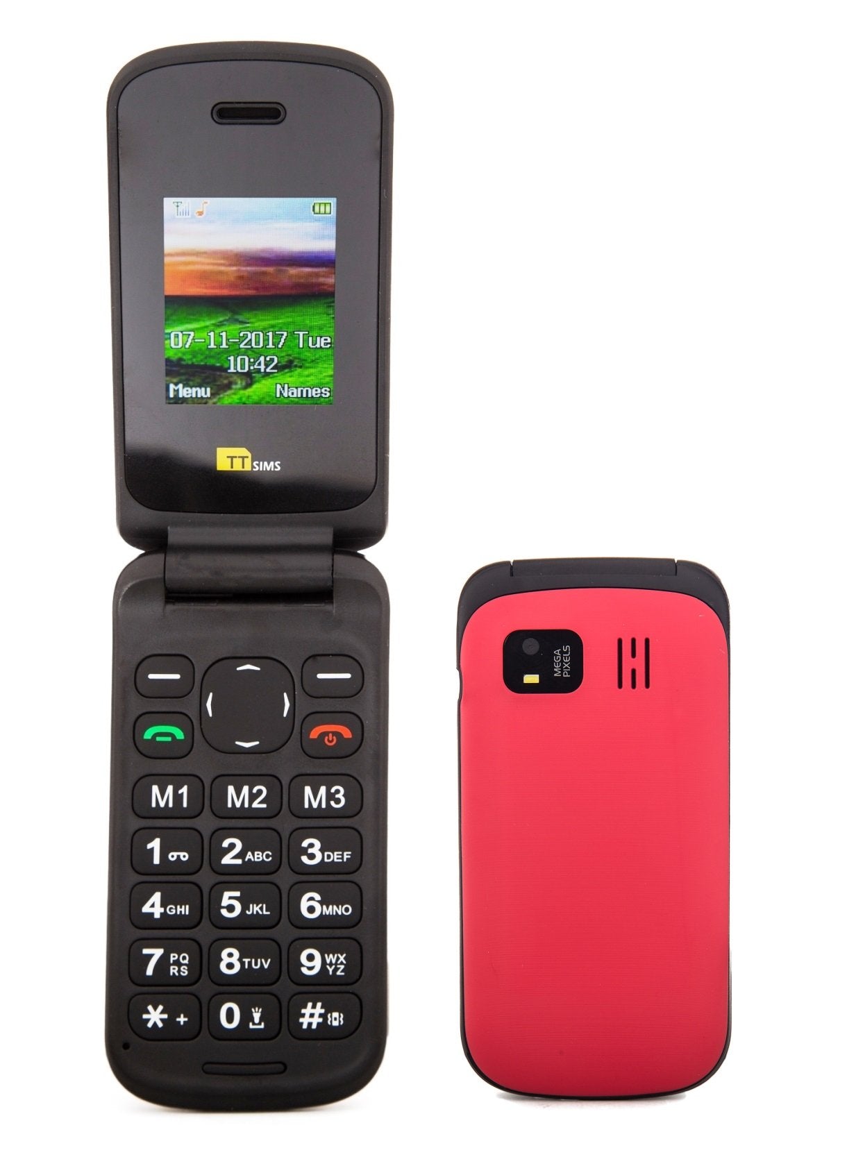 TTfone Flip TT140 - Red flip phone with camera and Bluetooth, budget-friendly design.