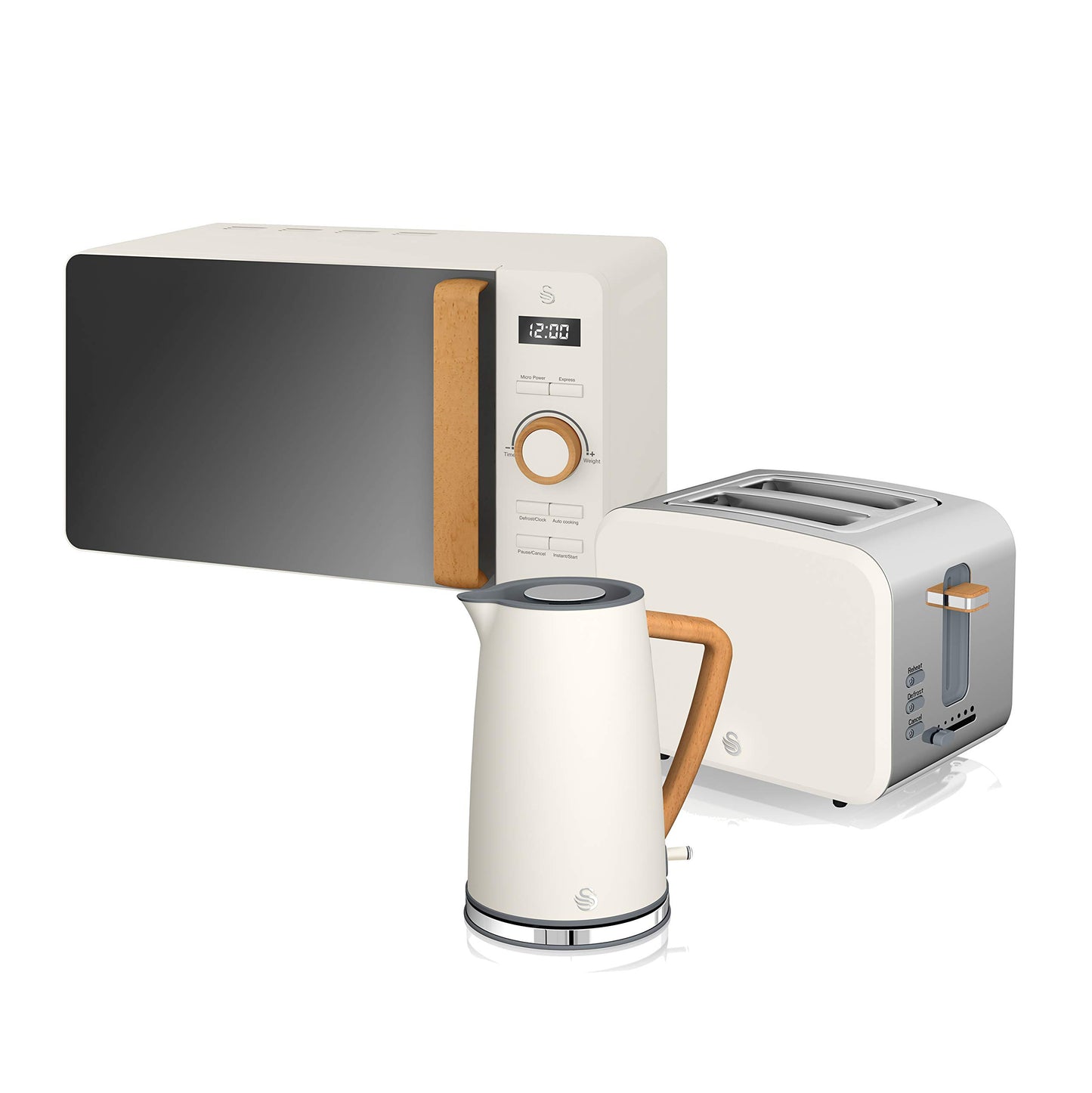 Tējkanna, tosteris un mikroviļņu krāsns Swan Nordic Frühstücksset, 1,7 l, 2200 W, plati sloti, 2 šķēles, 20 l, digitāla, moderna dizaina, koka efekts, balta