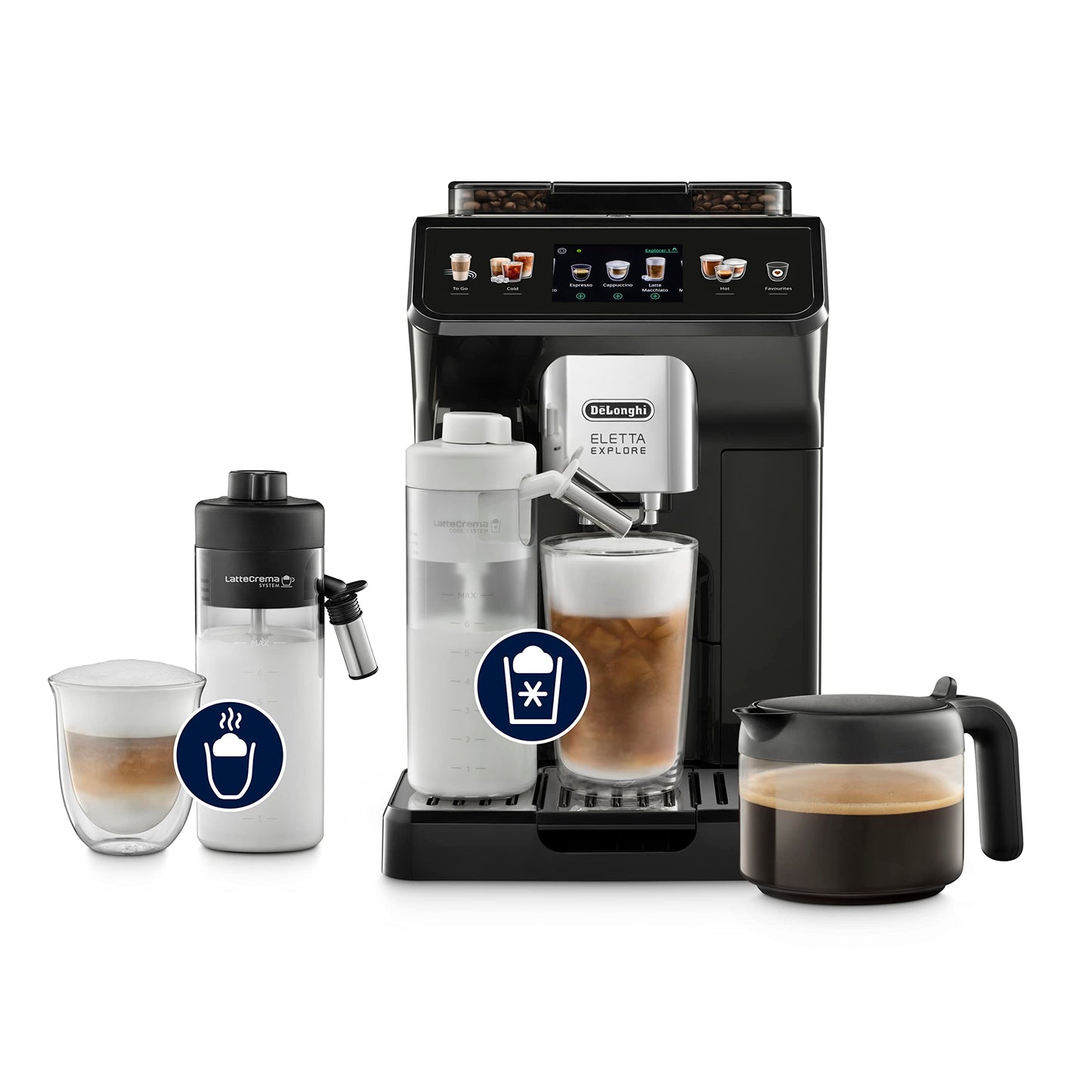 De'Longhi Eletta Explore ECAM452.57.G - automātiska kafijas automāts, LatteCrema, TFT skārienekrāns, melns, iekļautas kafijas kannas