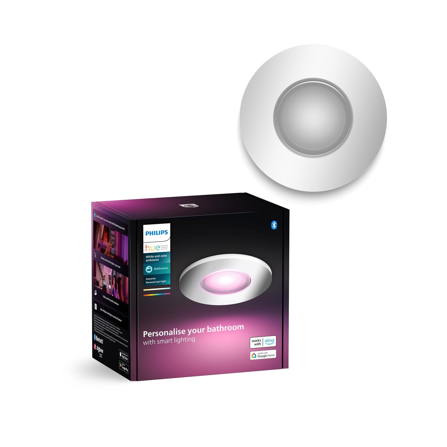 Iebūvējamie prožektori Philips Hue White & Color Ambiance Xamento 1 gab., dimmējami vannas istabas apgaismojuma ķermeņi Hue sistēmai, 16 miljoni krāsu, vieda vadība ar balsi un lietotni, alumīnijs