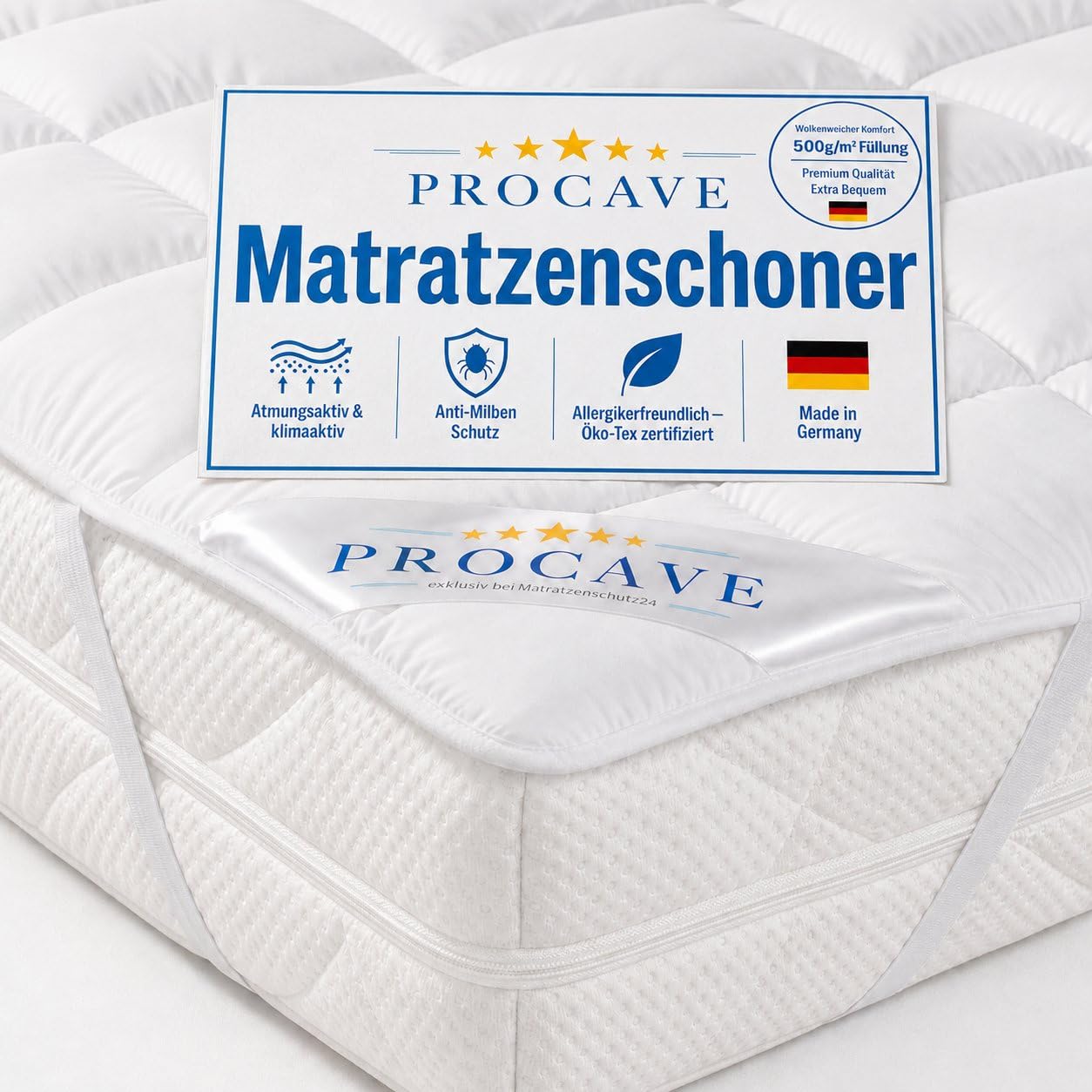 PROCAVE® matraču aizsargs 90x200 cm Topper, matrača paliktnis ar 4 stūra gumijām, elpojošs matrača uzklājs, antiērču matrača pārvalks, ražots Vācijā
