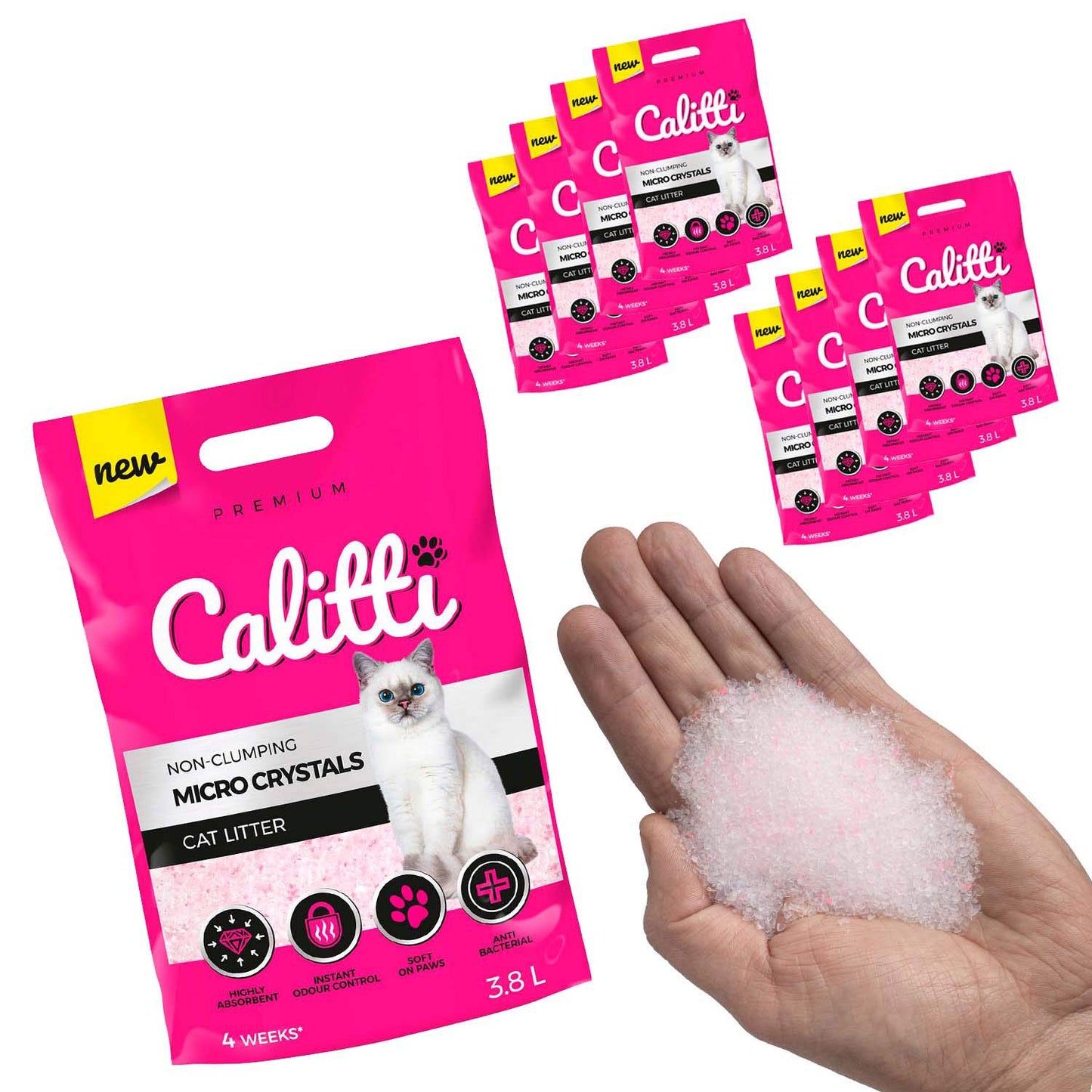 Kaķu smiltis Calitti Micro Silikat, premium kristālu silikāta pakaiši, antibakteriāli, 8 x 3,8 L = 30 L