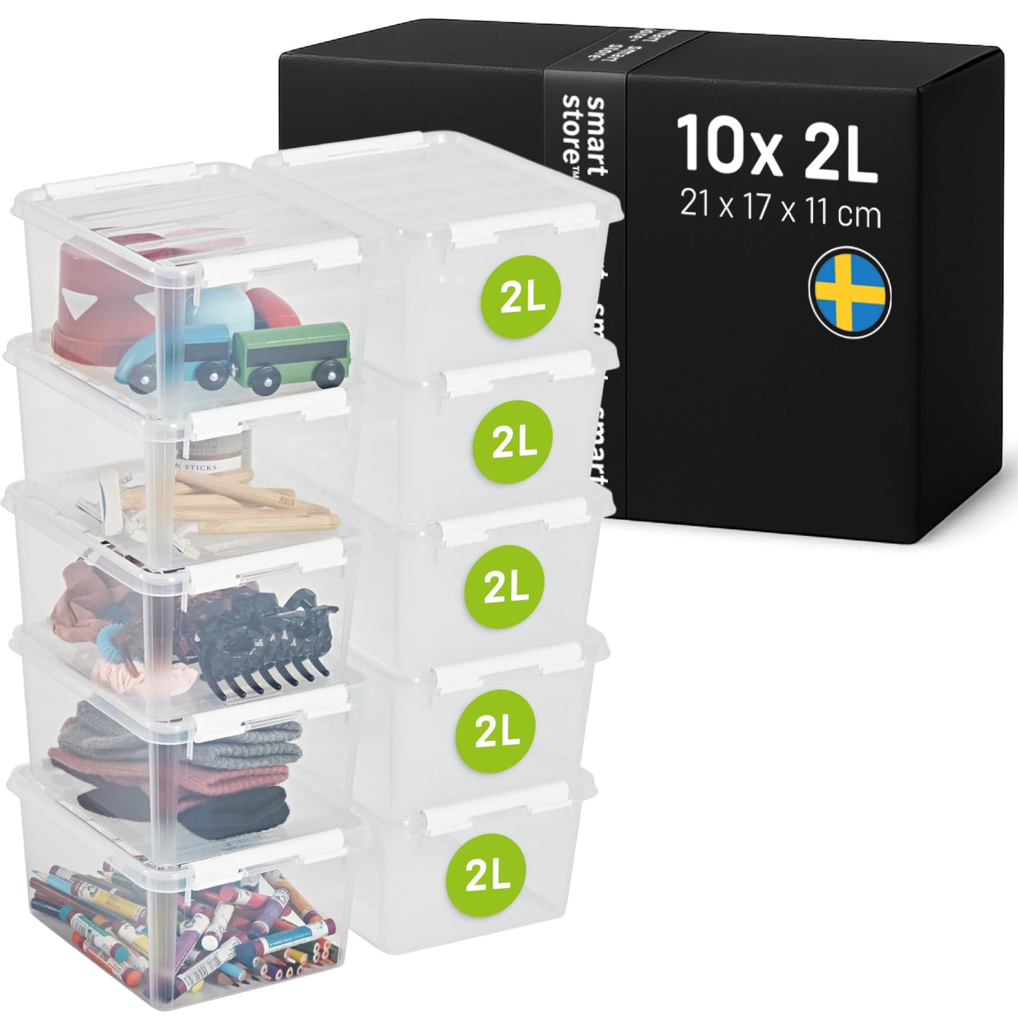 10 SmartStore Classic 2L uzglabāšanas kastes ar vāku (21x17x11cm), saliekamas kastes no pārtikai drošas plastmasas, pastiprināti stūri, 10 gadu garantija