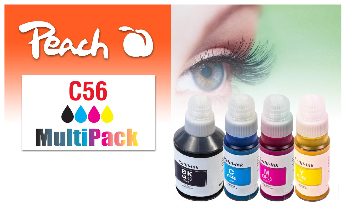 Peach C56 Spar Pack - tintes kasetnes BK, C, M, Y, aizstāj Canon GI-56, saderīgas ar Maxify GX 4050, 6050, 7050, 7055, 5050.