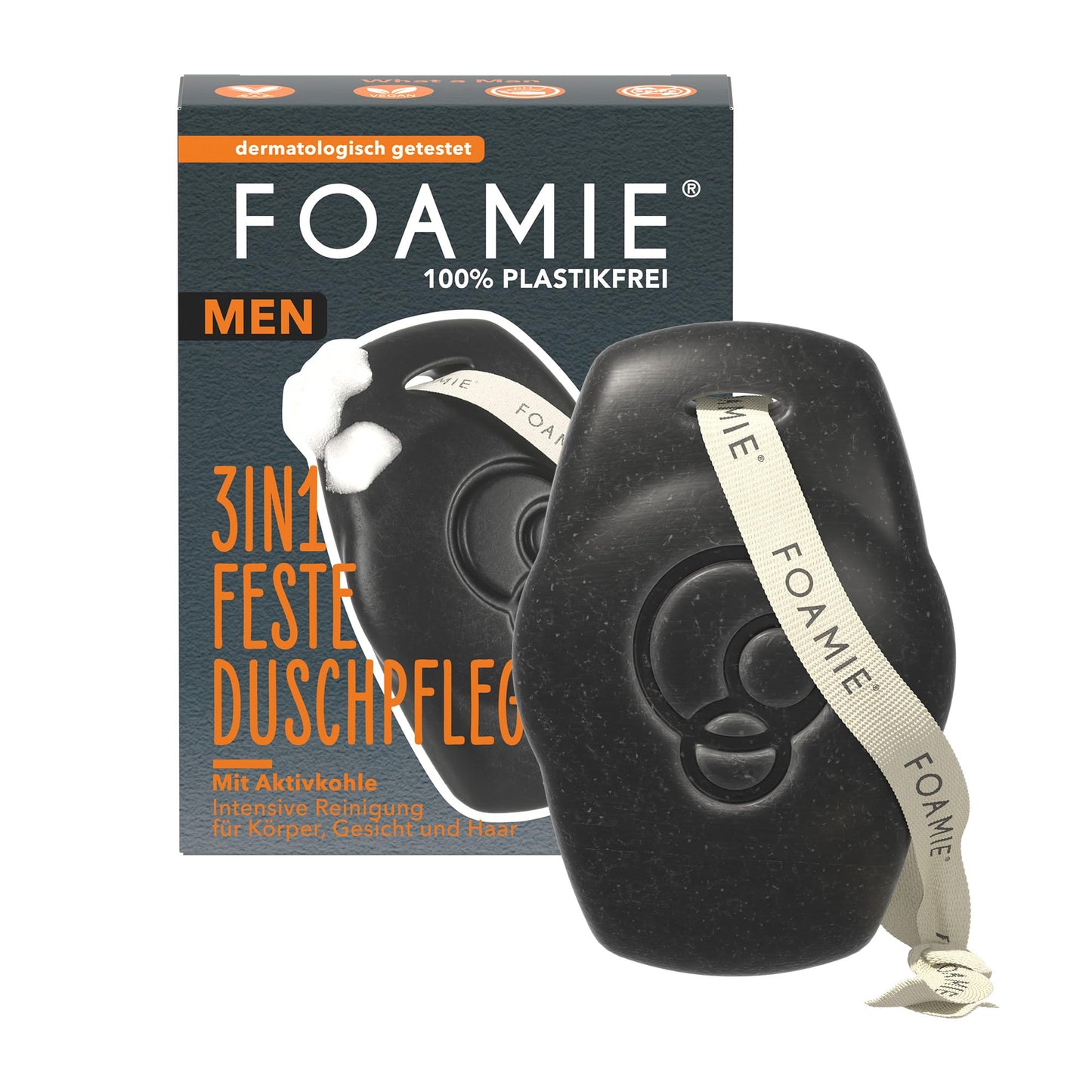 Dušas želeja un šampūns Foamie Men 3in1 Active Carbon & Rosewood, ķermenim, sejai un matiem, vegāns, bez plastmasas, pH neitrāls 90 g