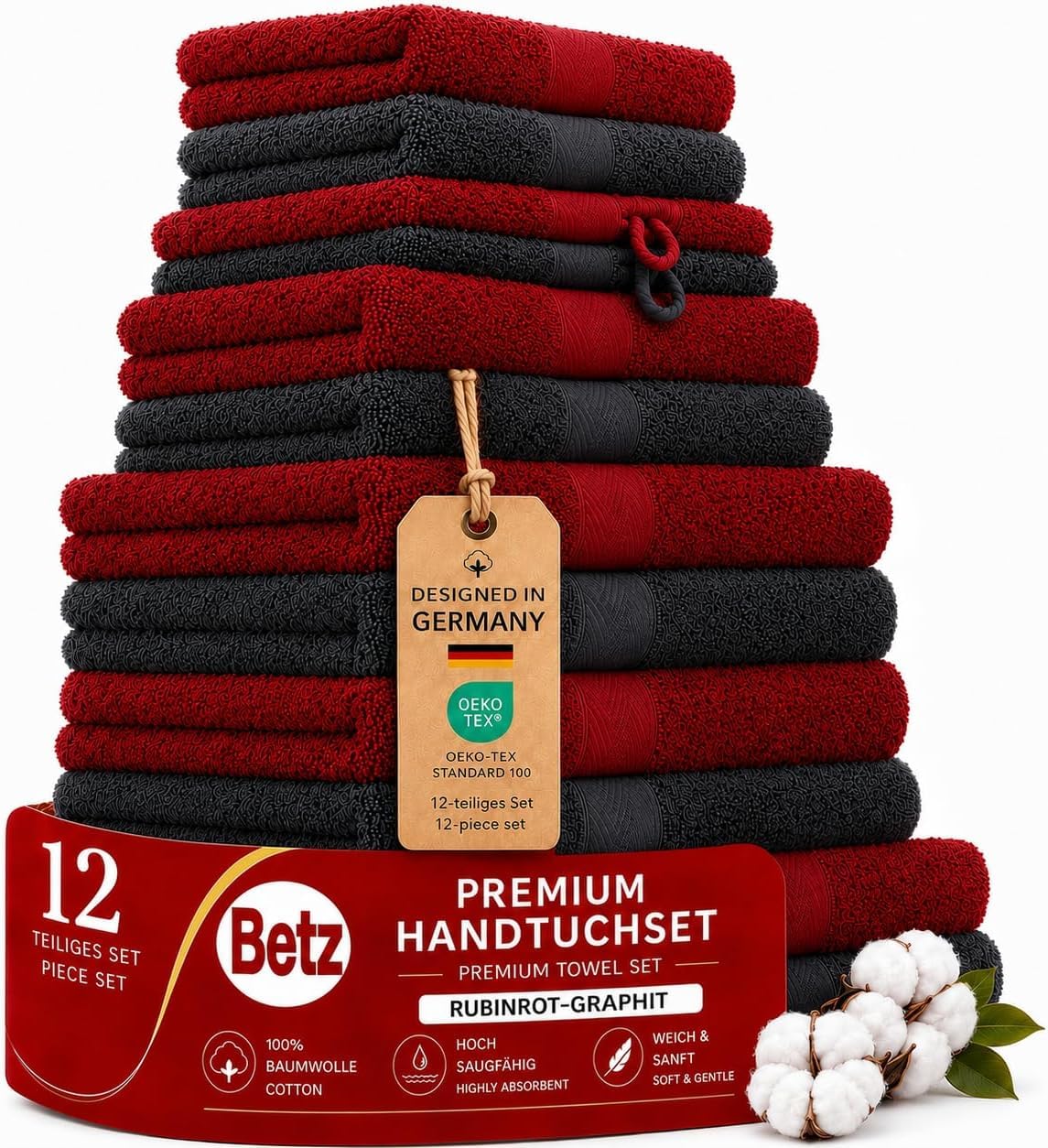 Handšūču komplekts Betz Premium, 12 daļas, Oeko-TEX Standard 100, 100 % kokvilna, 470 g/m², 2 dušas dvieļi, 4 rokas dvieļi, 2 viesu dvieļi, 2 ziepju dvieļi, 2 mazgāšanas cimdi, rubīnsarkans/grafīts