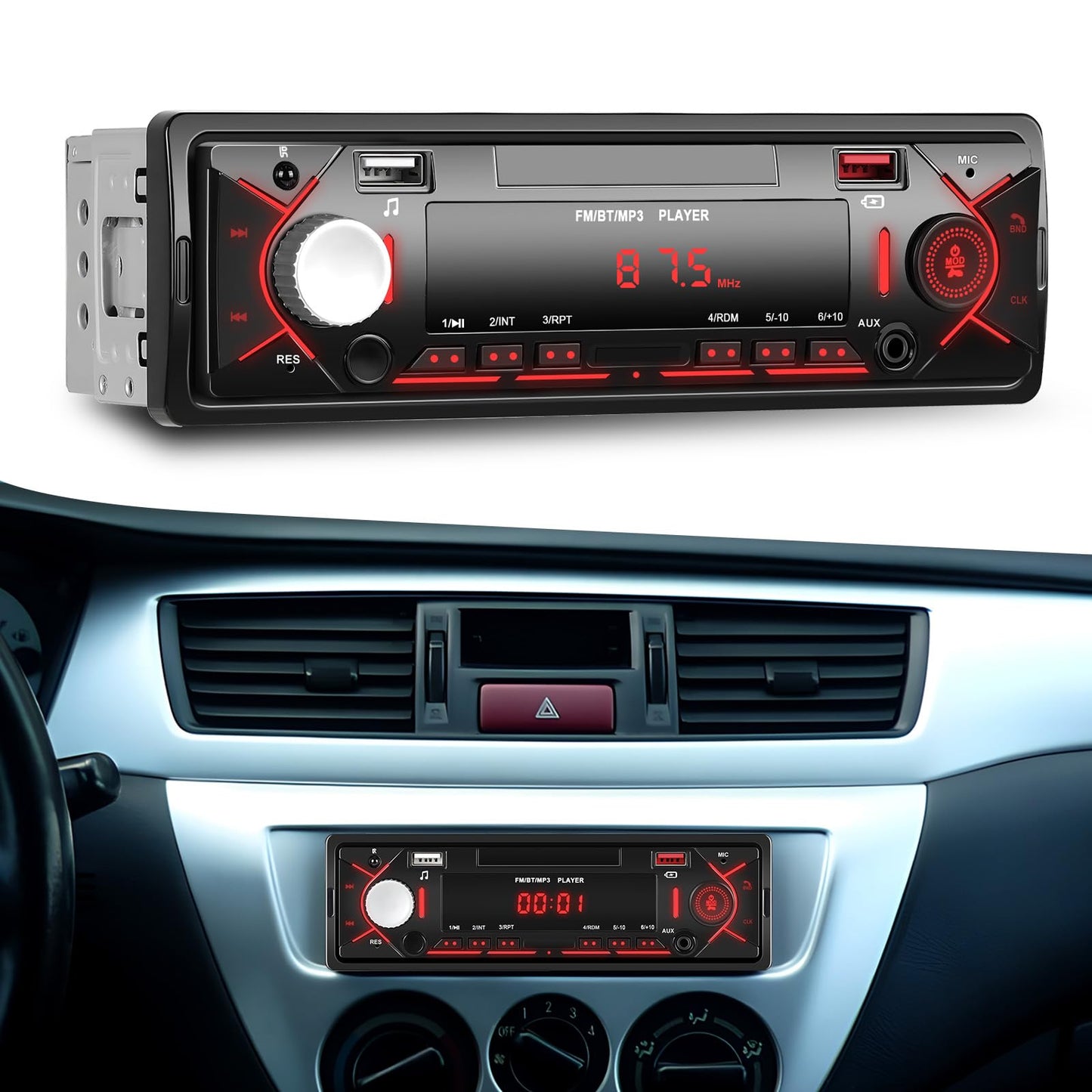 Auto magnetola CAMECHO 1 DIN, Bluetooth radio ar FM, brīvroku BT, sarkans fona apgaismojums, 2 USB un AUX-in pieslēgvietas, 10.8V-16V MP3 atskaņotājs