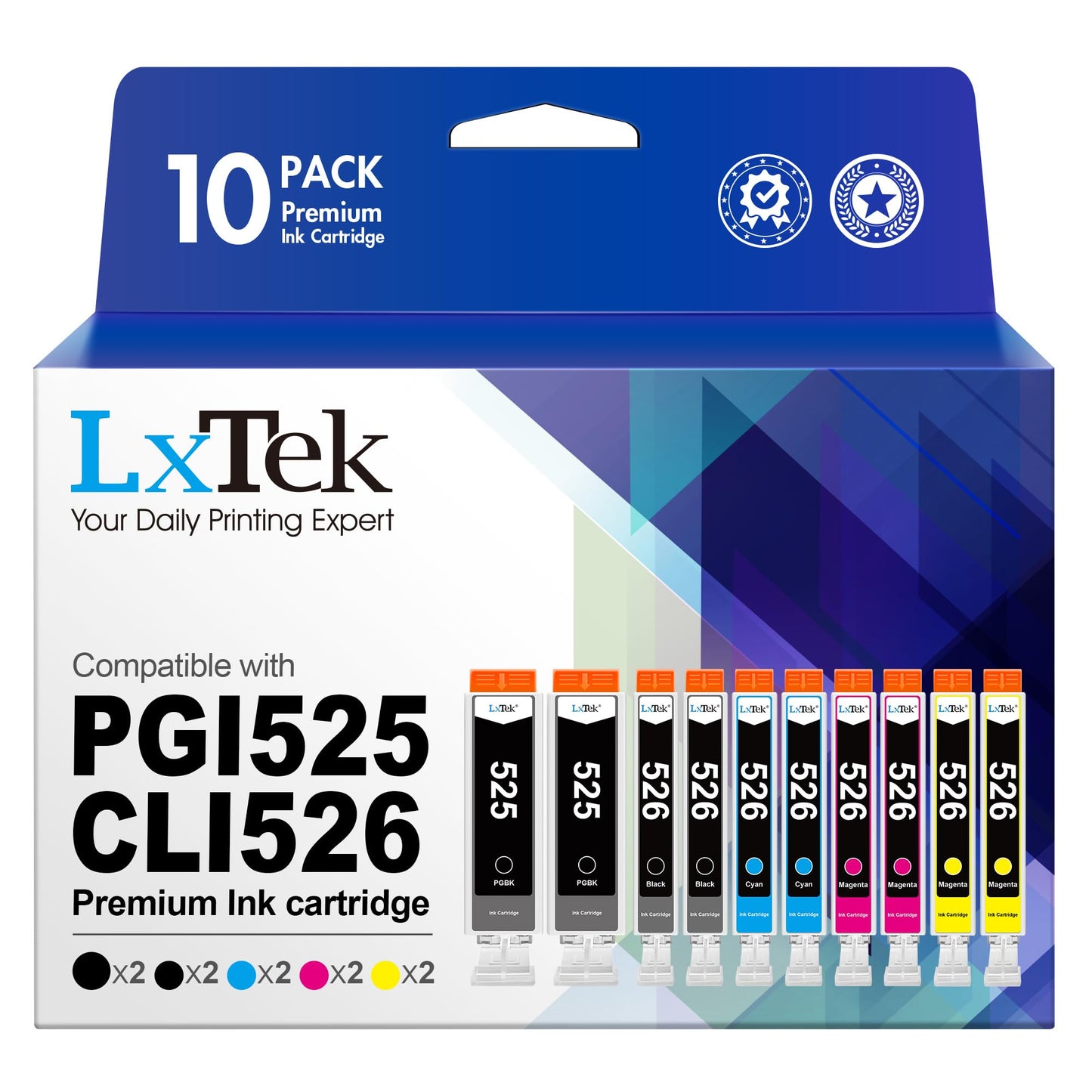 LxTek PGI-525 CLI-526 saderīga tintes kasetne - 10 iepakojums, saderīga ar Canon MG5350, MG5150, IP4850, IX6550.