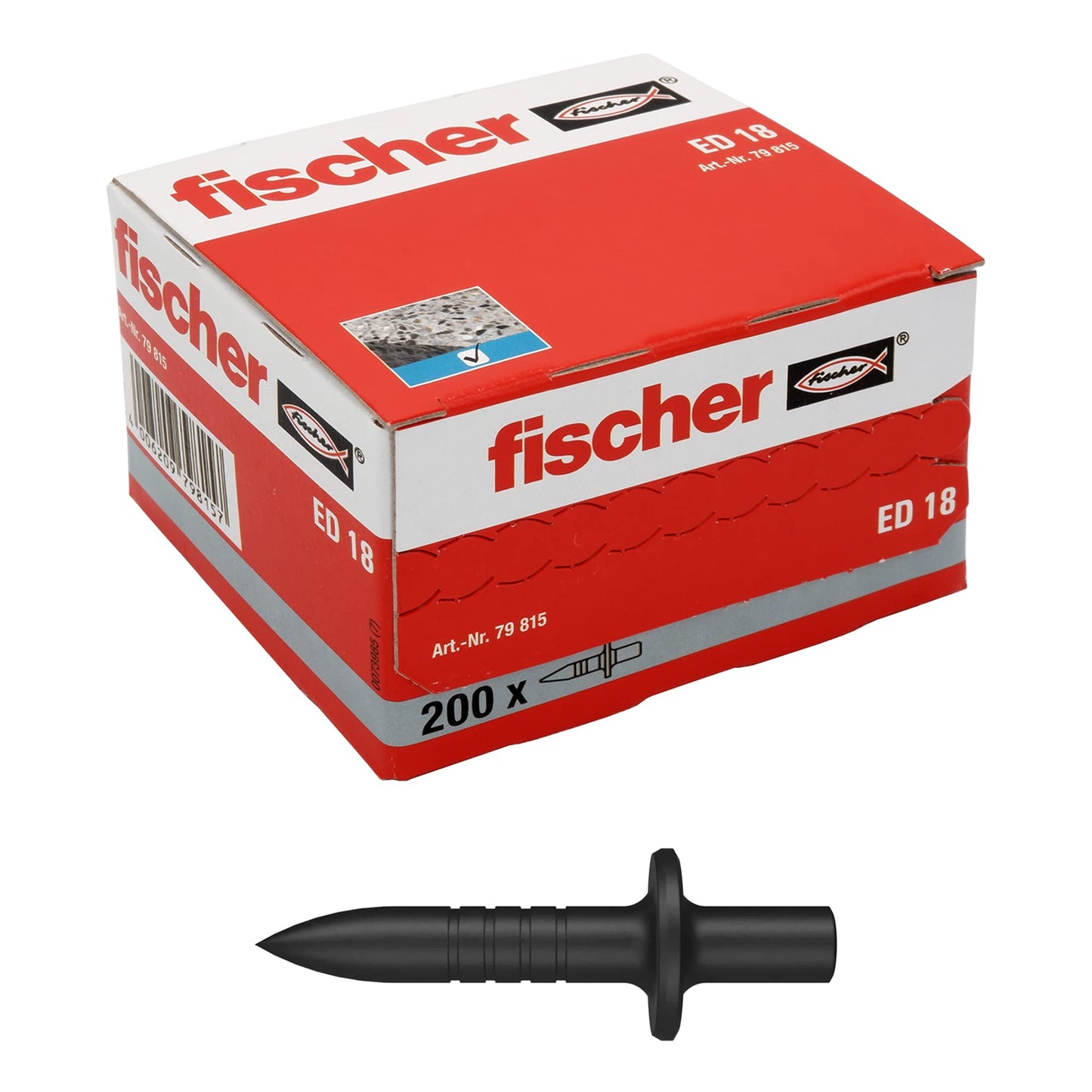 fischer iedaušanas nagla ED 18, ātra un vienkārša montāža bez iepriekšējas urbšanas, 200 gab., pelēka