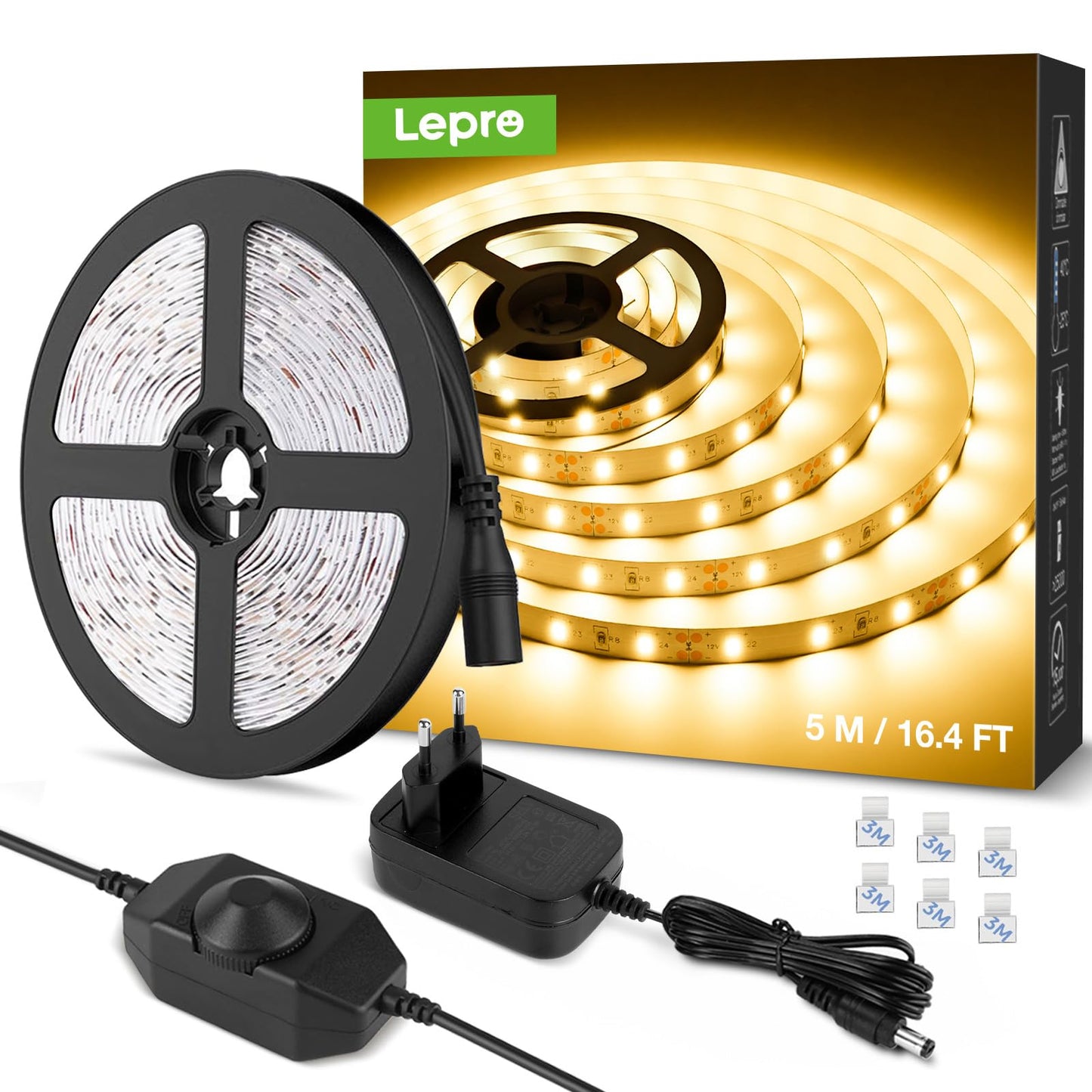 LED lenta Lepro, 5m, 3000K silti balta, dimmējama, pašlīmējoša, ar barošanas bloku