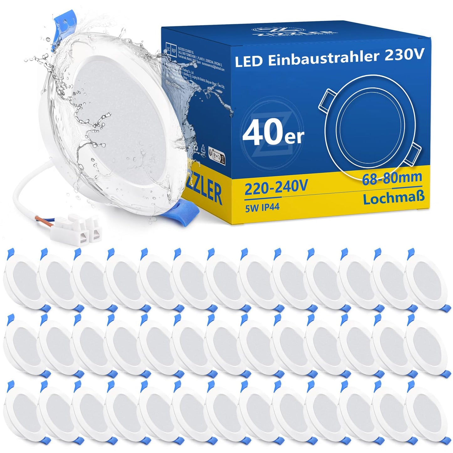LED iebūvējamie prožektori ZIZZLER 40er Set 230V, plāni 68-80mm cauruma izmērs, neitrāli balta gaisma, IP44 vannas istabai, 5W 4000K iebūvējamie gaismekļi virtuvei, guļamistabai, viesistabai