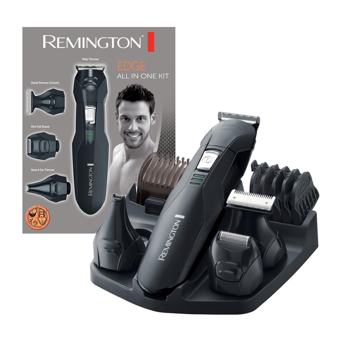 Matu un bārdas trimmeris REMINGTON Personal Groomer PG6030 Edge, ķermeņa un sejas apmatojuma kopšanas komplekts, 4 noņemami uzgaļi, melns