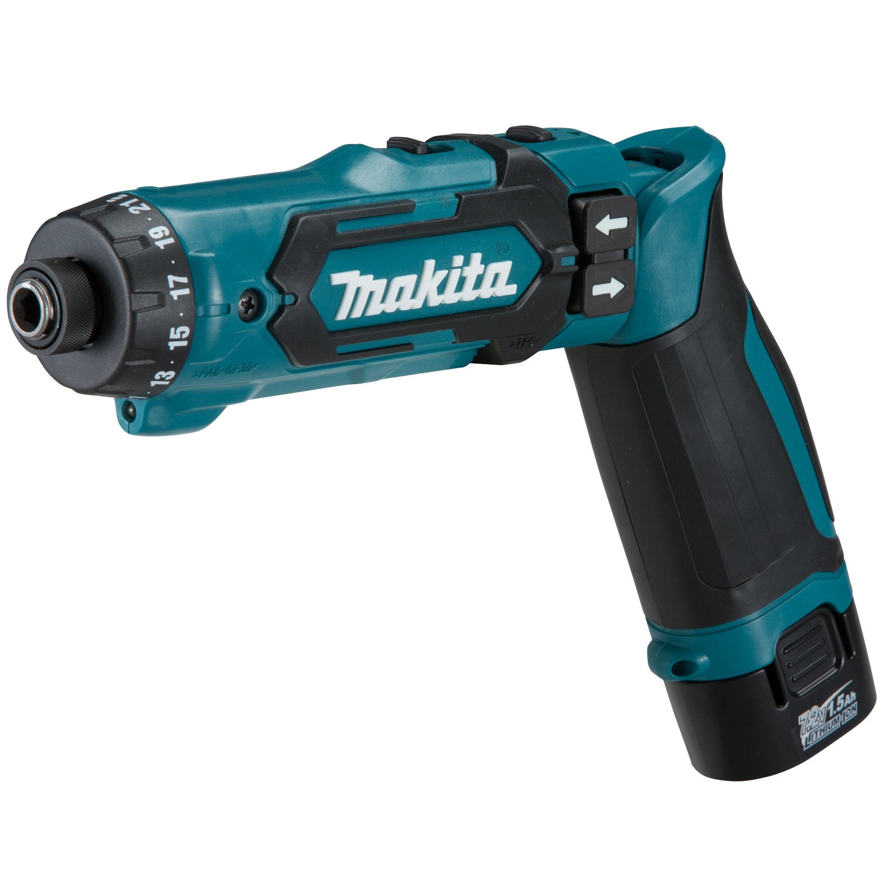 Makita DF012DSE - 7.2V cordless angle screwdriver with batteries, charger, and carrying case, 30W, black/blue.