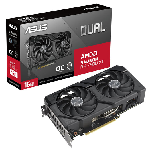 ASUS Dual Radeon RX 7600 XT OC Edition - 16GB GDDR6, PCIe 4.0, 1x HDMI 2.1, 3x DisplayPort 2.1, optimized for gaming.