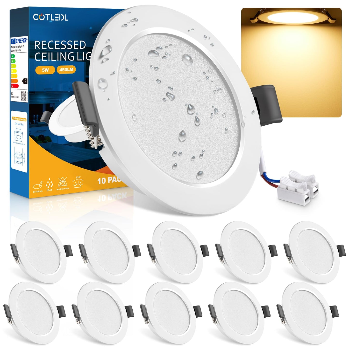 LED iebūvējamie prožektori COTLEDL 10 gab. 230V silti balti, 68-80mm montāžas atvērums