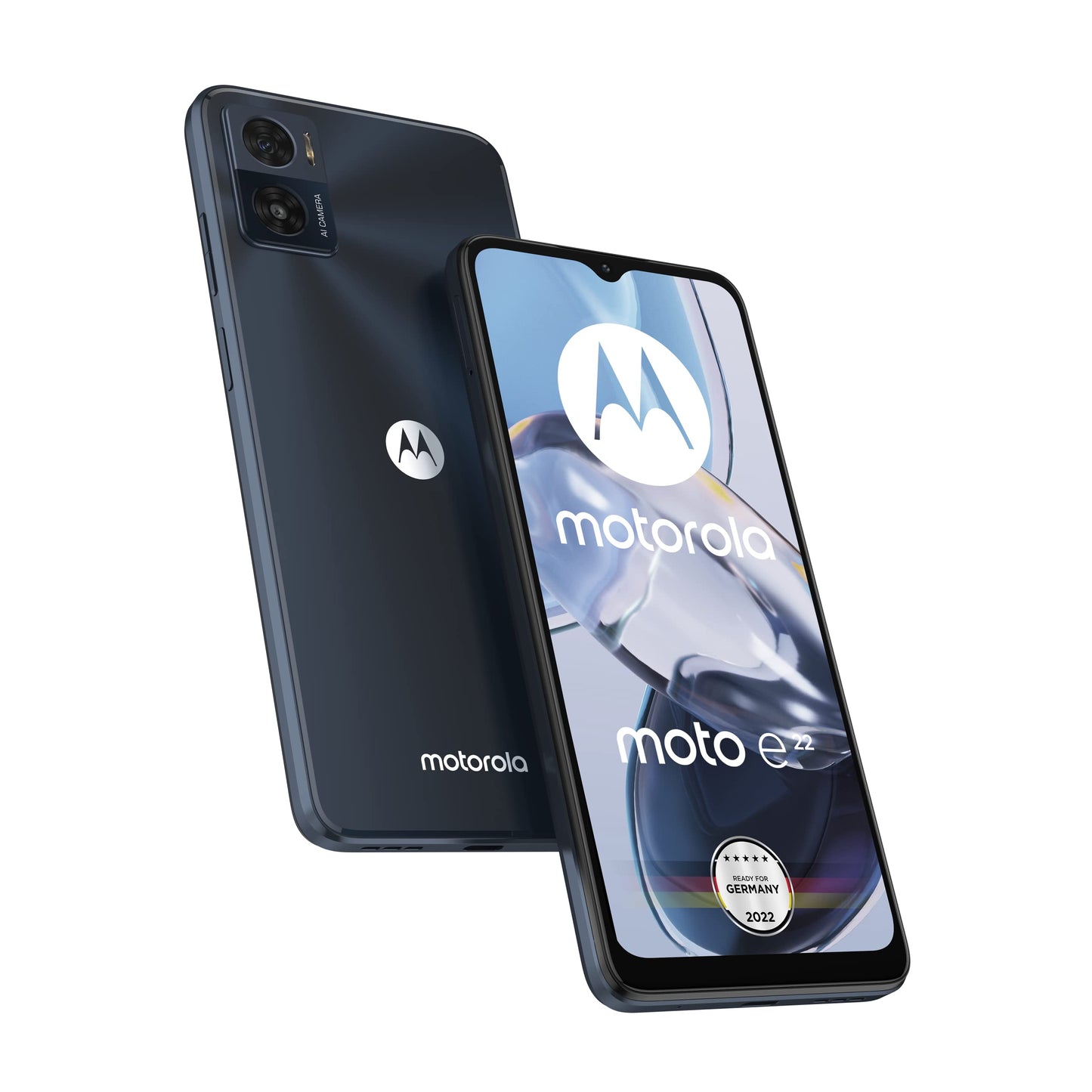 Motorola Moto e22 - 6.5" HD+ display, 16 MP camera, 3/32 GB, 4020 mAh, Android 12, Astro Black, includes KFZ adapter.