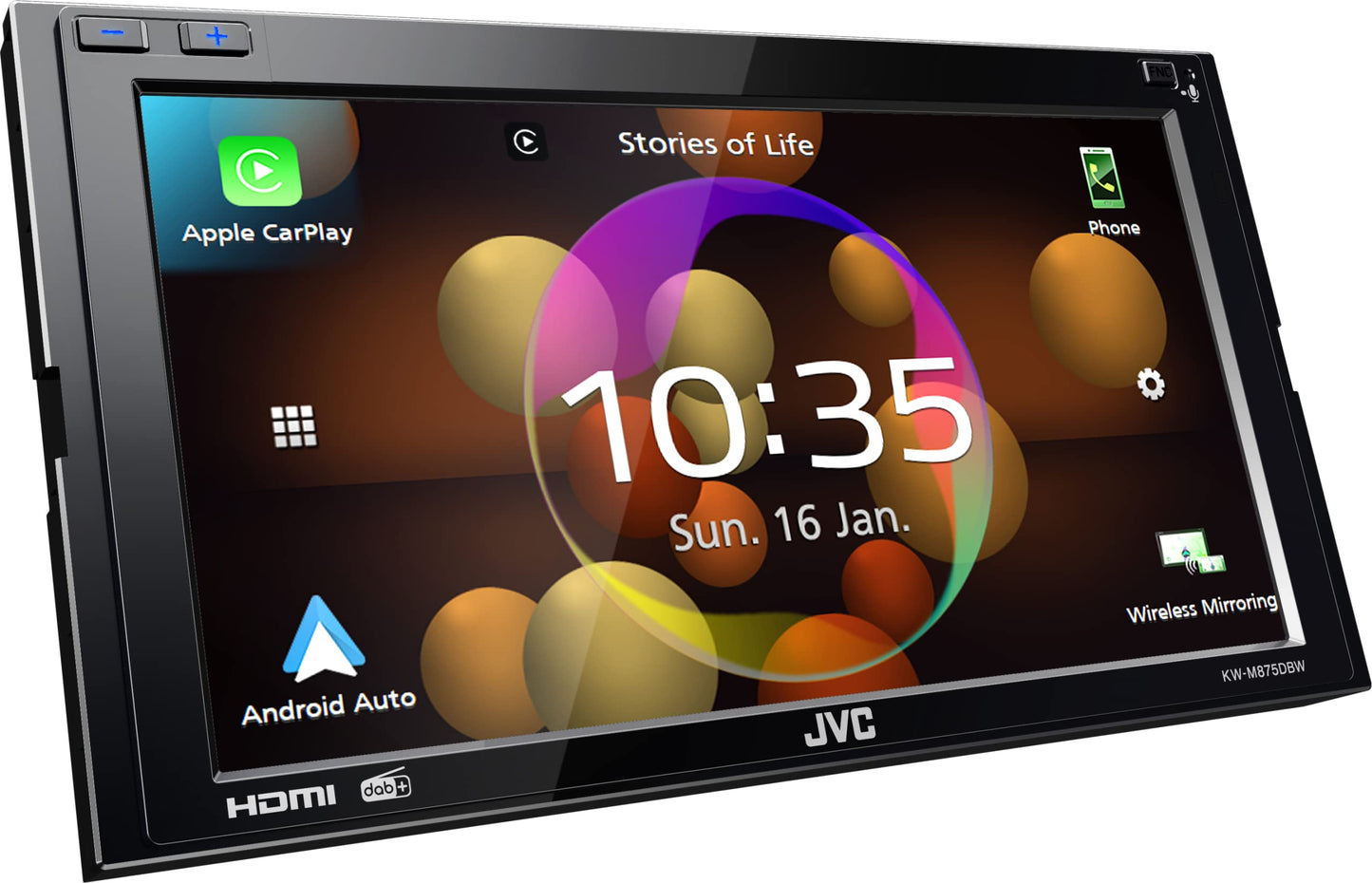 JVC KW-M875DBW - 17,3 cm (6,8") digitālais mediju AV uztvērējs ar bezvadu CarPlay un Android Auto (4x50W, DAB+/FM, BT, 3X Pre-Out 4V, USB-C, iPod/iPhone kontrole)