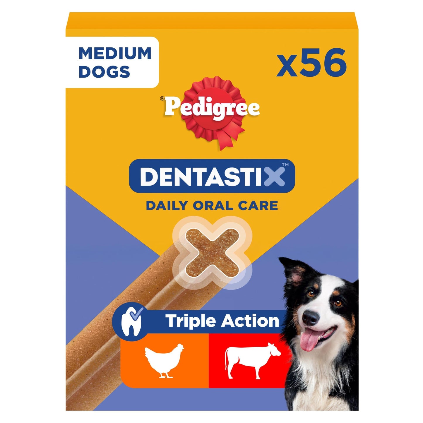 Zobu kopšanas kārumi suņiem PEDIGREE DentaStix vidēja izmēra suņiem (10-25kg), ar vistu un liellopu gaļu, 56 gabali (1 x 1.44 kg)