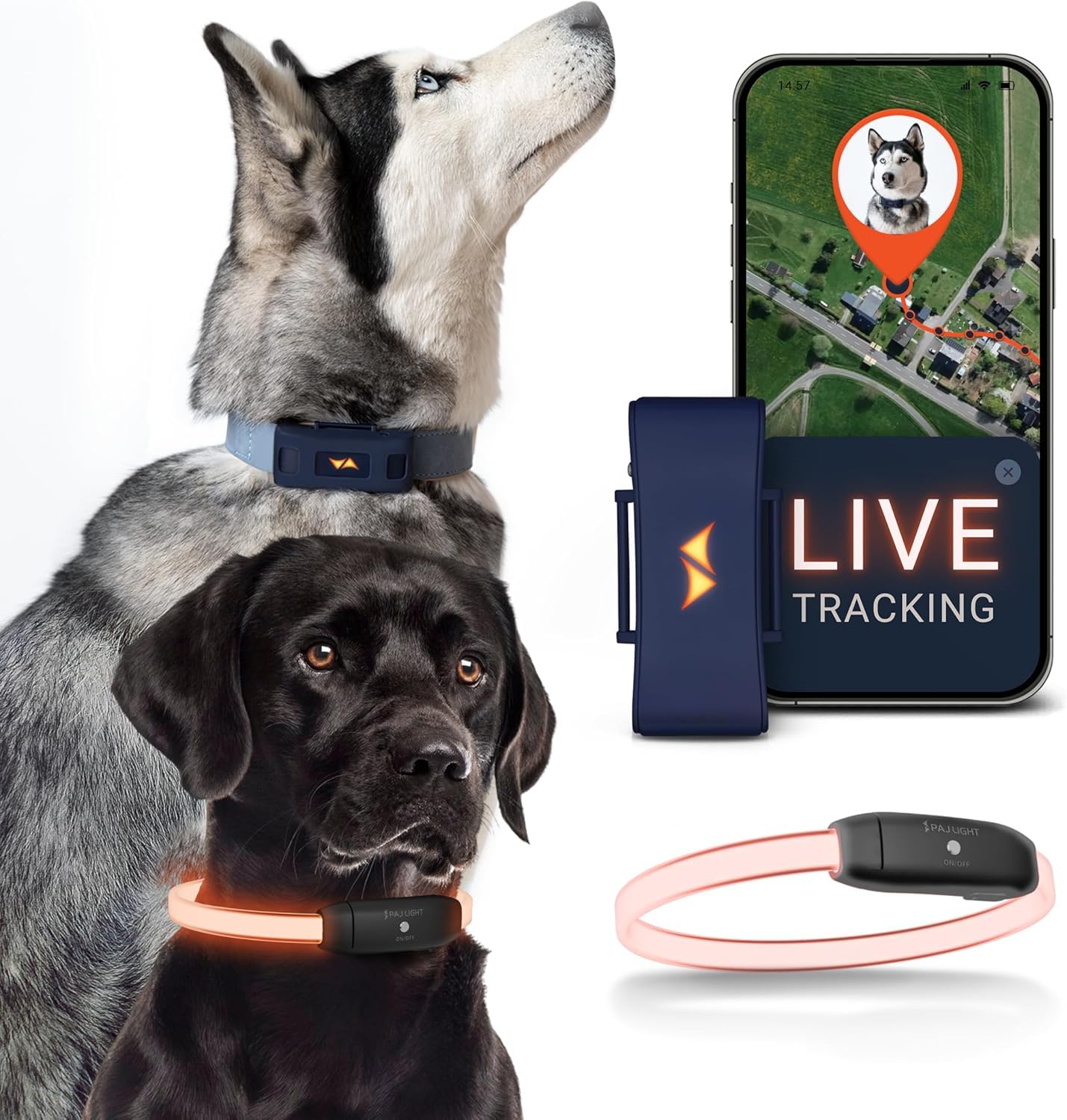 PAJ GPS, LED gaismas kakla siksna + GPS izsekotājs suņiem, dubulta drošība, tiešsaistes atrašanās vieta visā pasaulē un redzamība naktī, Mini GPS izsekotājs 4G suņiem, bēgšanas brīdinājums, 100% ūdensizturīgs, zils