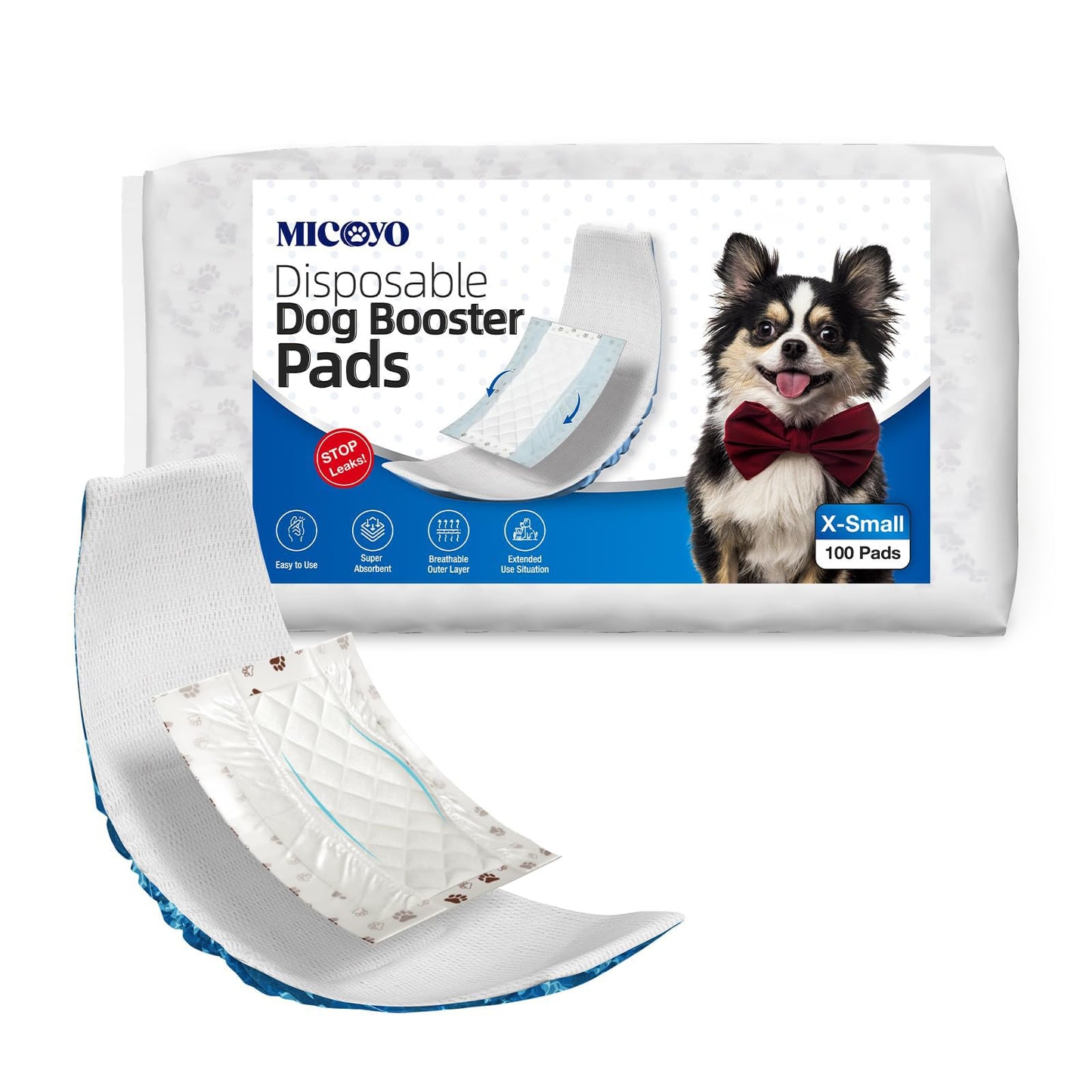 MICOOYO vienreizējie suņu autiņbiksīšu ielikņi, super absorbējoši ielikņi suņu autiņiem mātītēm un tēviņiem, sānu aizsardzība pret noplūdēm, XS-100