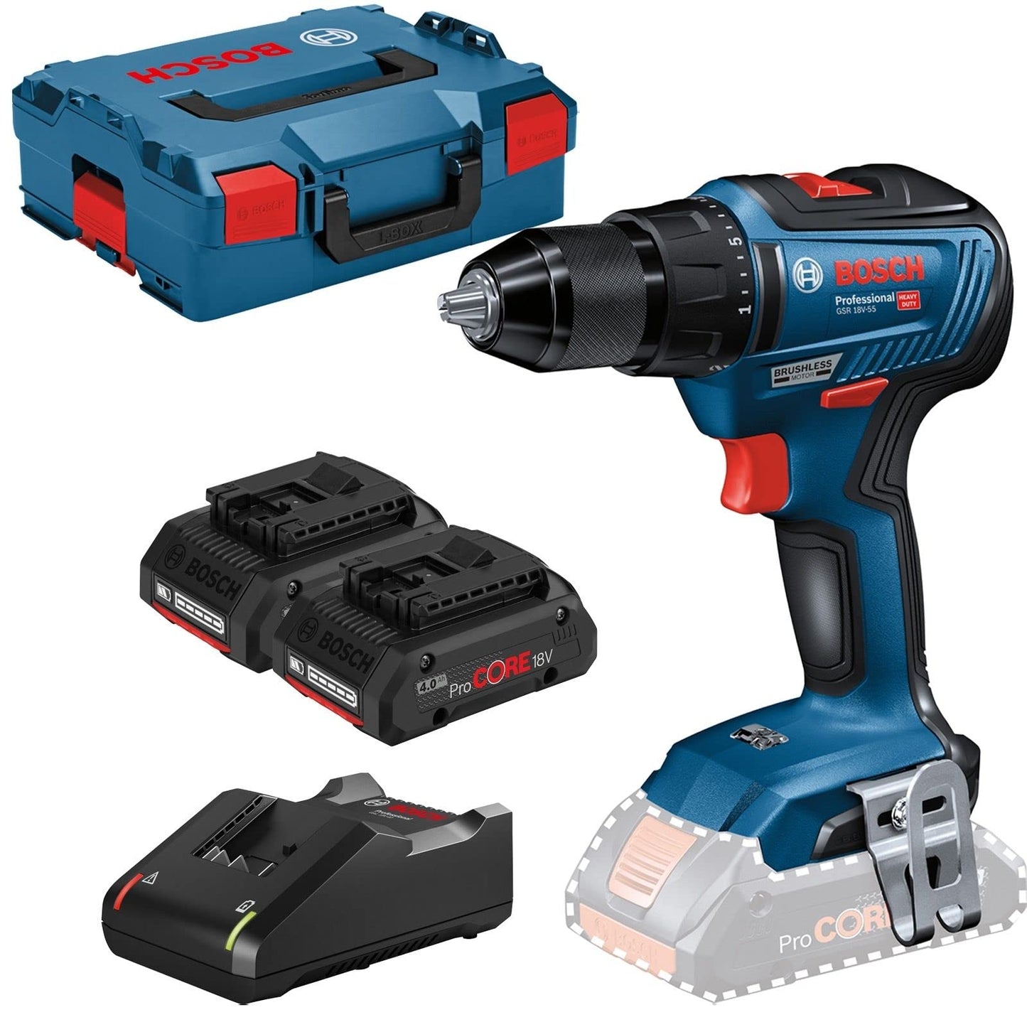 Bosch Professional 18V akumulatora urbjmašīna GSR 18V-55 - 55 Nm griezes moments, 1.800 min⁻¹, 2x ProCORE18V 4.0Ah akumulatori, ātrā lādētājs.