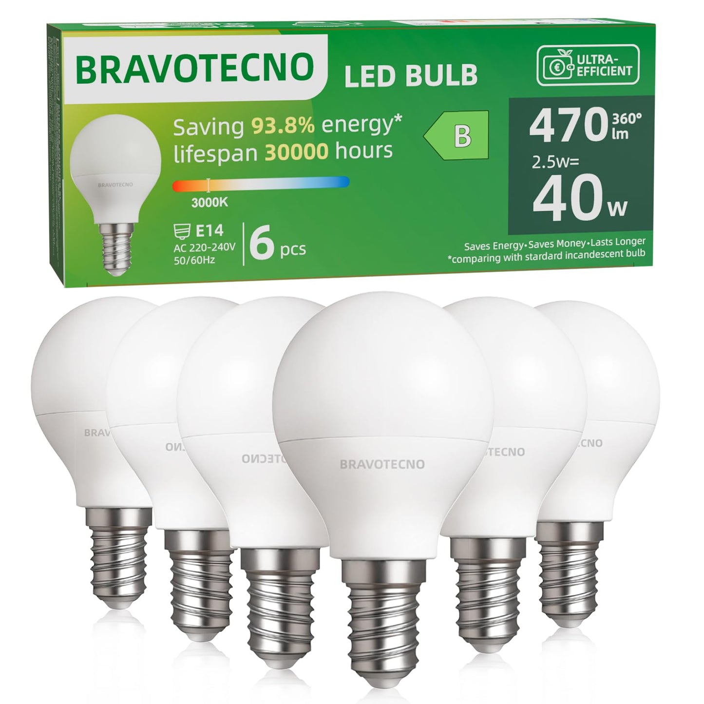 bravotecno E14 LED spuldze, energoefektivitātes klase B, E14 LED silti balta, 3000K 2.5W 470LM G45/P45 silti balta spuldze, atbilst 40W, 360° starošanas leņķis, nedimmējama, zemas siltuma izdalīšanās un ilgmūžīga, 6 gab.