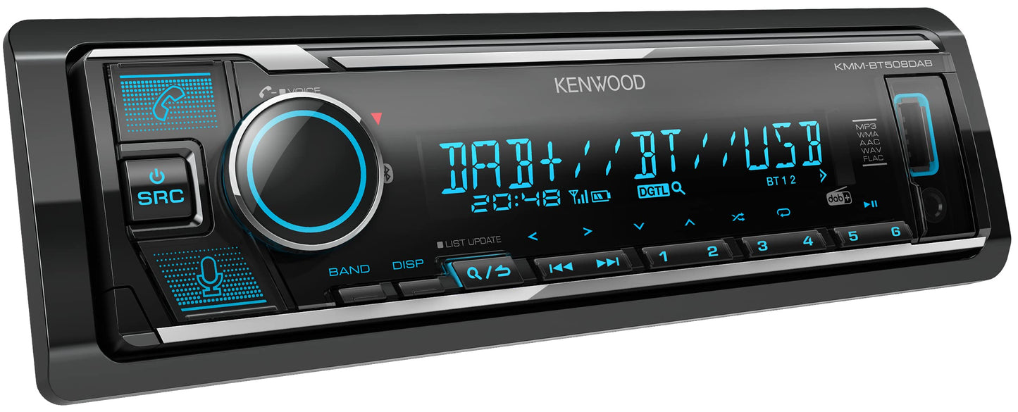 Kenwood KMM-BT508DAB - USB autoradio ar DAB+ un Bluetooth brīvroku sistēmu (, skaņas procesors, USB, AUX, 2 x Pre-Out 2.5 V, 4 x 50 Watt, VAR. apgaismojums, iekļauta DAB+ antena)