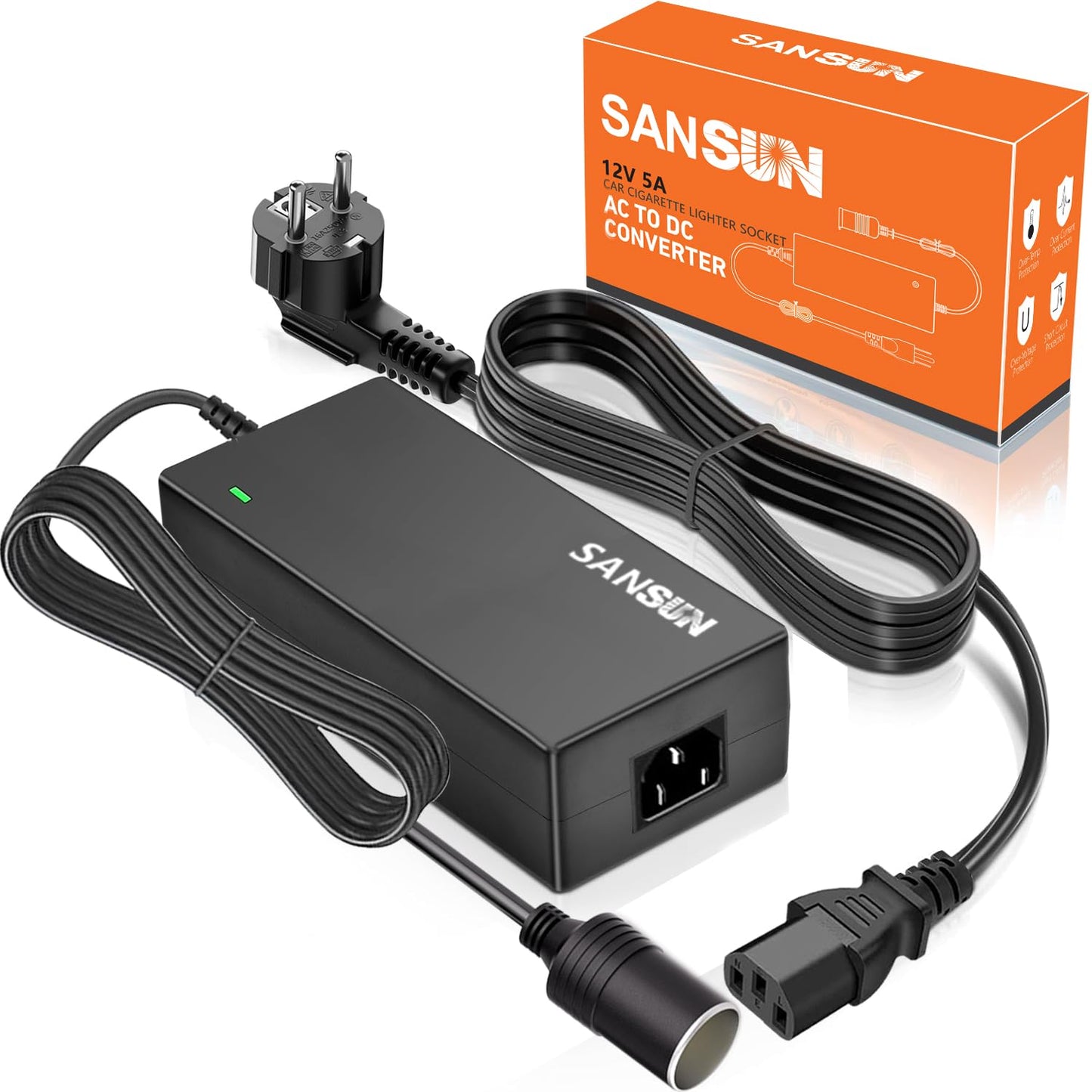 Sprieguma pārveidotājs 5A auto cigarešu aizdedzinātājam, SANSUN AC240V uz DC12V barošanas adapteris, transformators auto ierīcēm līdz 60W (5A)