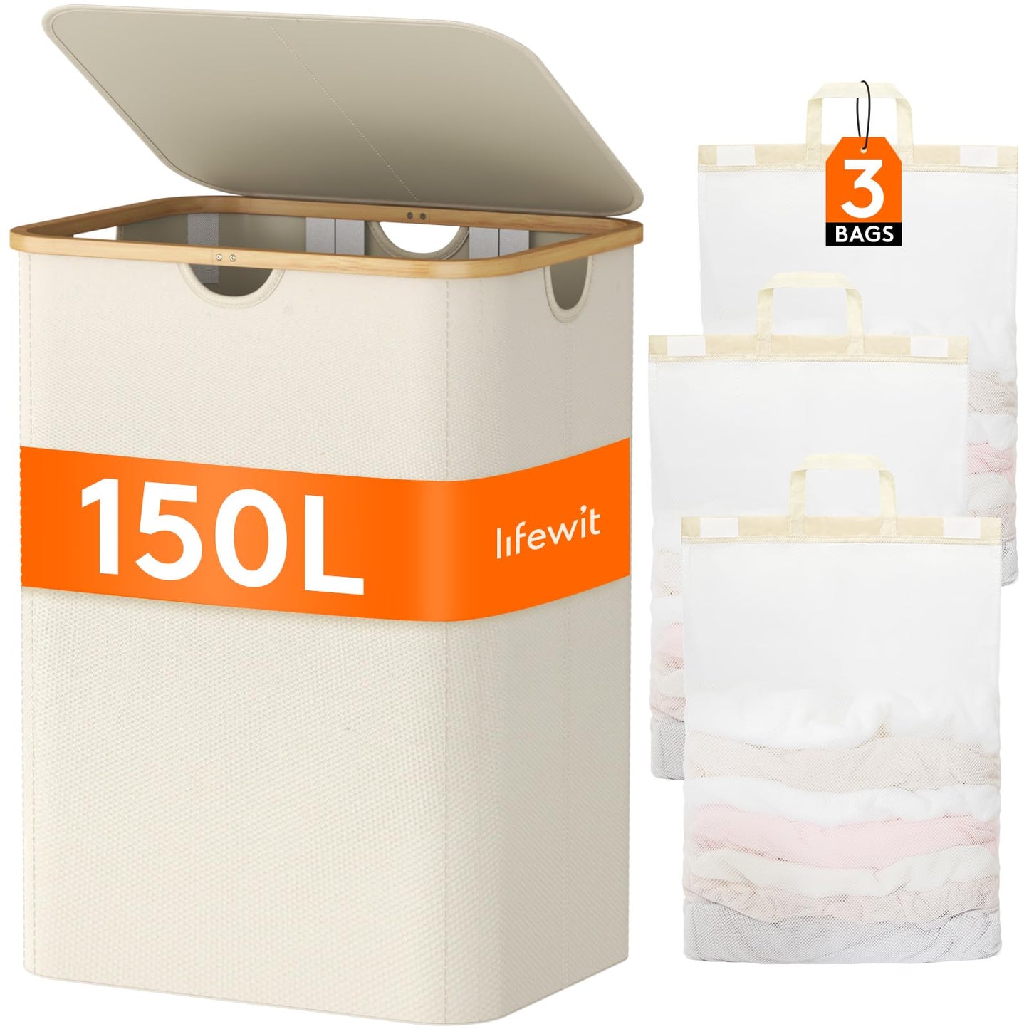Veļas grozs ar vāku Lifewit 150L, 3 nodalījumi, liela veļas kaste, veļas šķirotājs, veļas tvertne, veļas šķirošanai, veļas konteiners, veļas grozi veļas telpai, vannas istabai un guļamistabai, krēmbalts