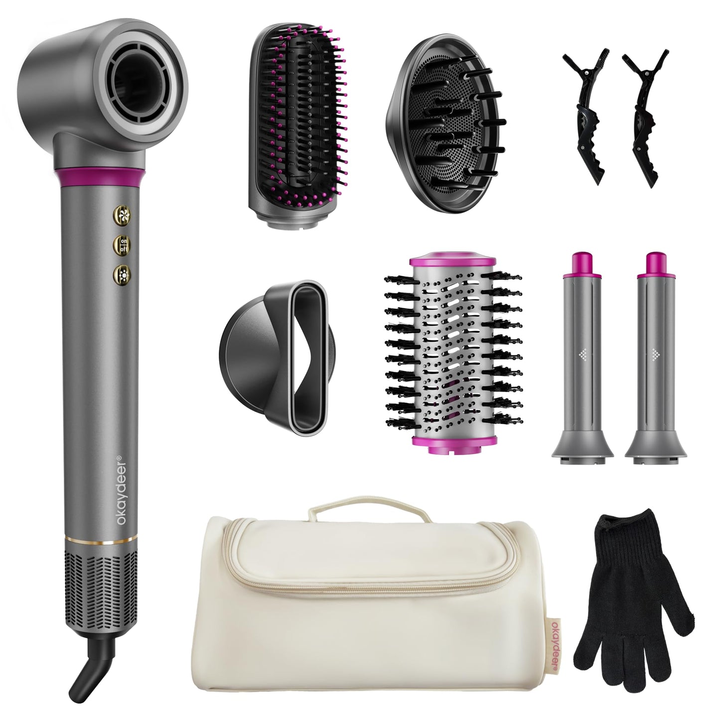 7 in 1 Airstyler, 130.000 U/Min, jonu fēns ar difuzoru, automātiskais lokošanas uzgalis, matu žāvētājs, taisnotājs, apjoma suka, bez karstuma bojājumiem, karstā gaisa suka ar ceļojuma somu Hairstyler Set, pelēks