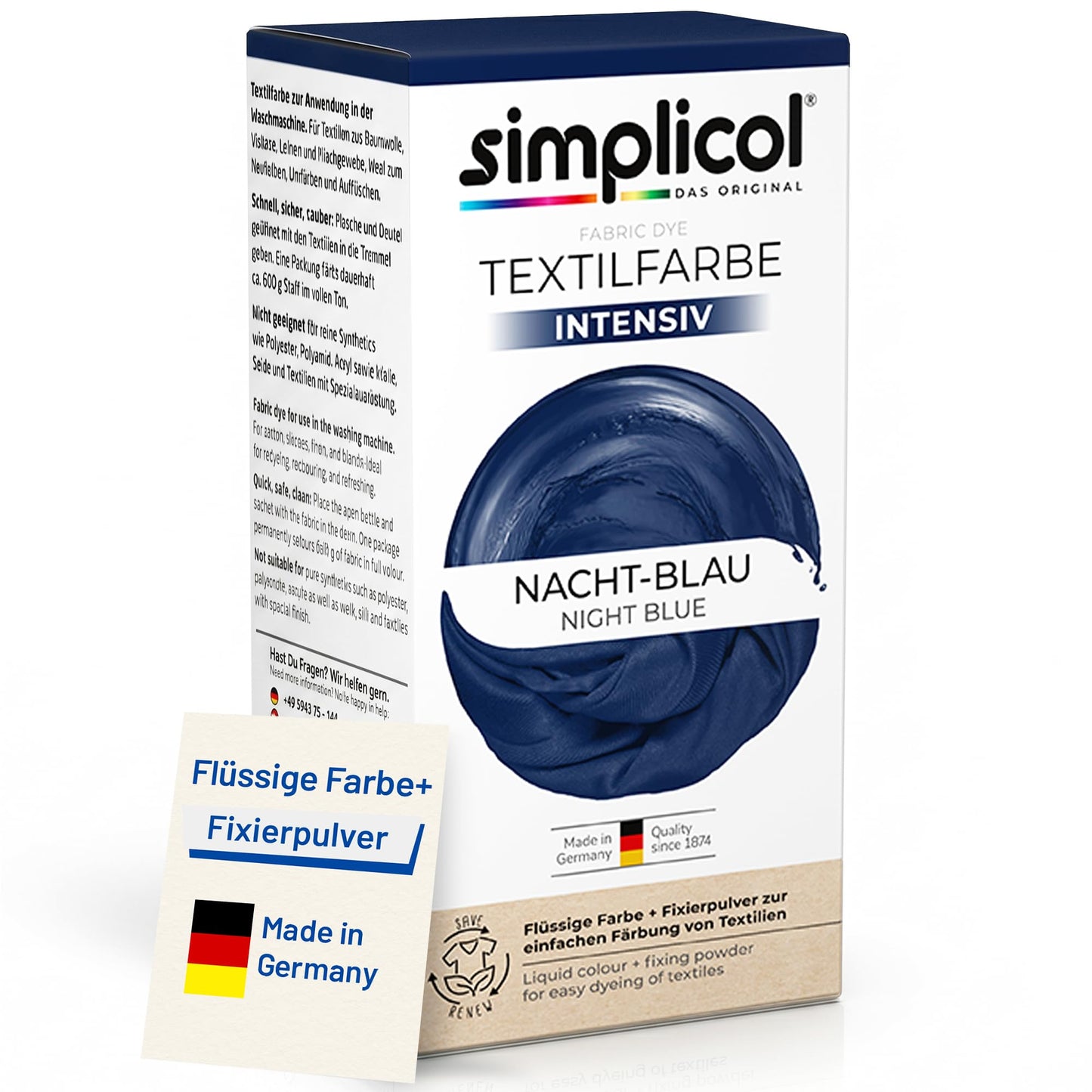 Tekstila krāsa simplicol Textilfarbe intensiv Nacht-Blau 1er Pack, veļasmašīnai piemērota, šķidra krāsa ar fiksējošo pulveri un sāli, auduma krāsa pārzīmēšanai un atsvaidzināšanai