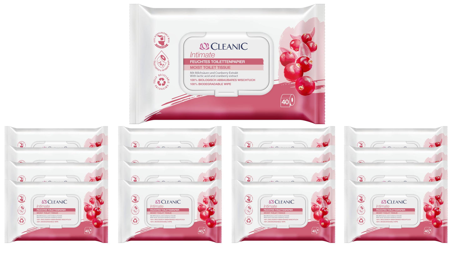 Mitrās tualetes salvetes intīmai higiēnai Cleanic Intimate – (16x40 gab.) ar dzērveņu ekstraktu un prebiotiku, noskalojamas, 640 gab.